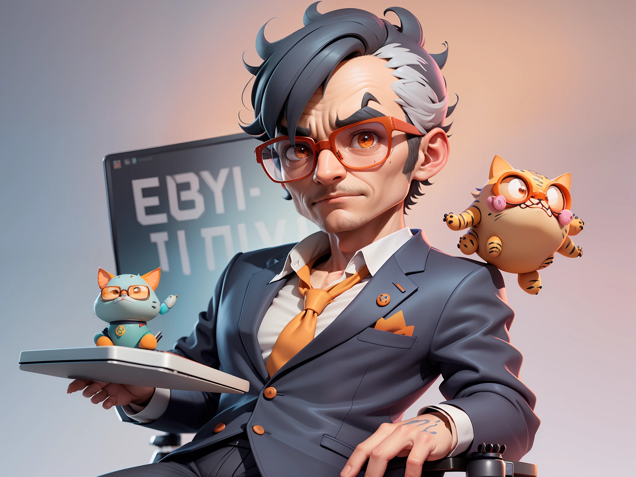 A young man in a suit, Short hair and glasses sat at his desk,holding laptop,digitial painting,tigre,3D character design by Mark Clairen and Pixar and Hayao Miyazaki and Akira Toriyama,4K HD illustration,Very detailed facial features and cartoon-style visuals。