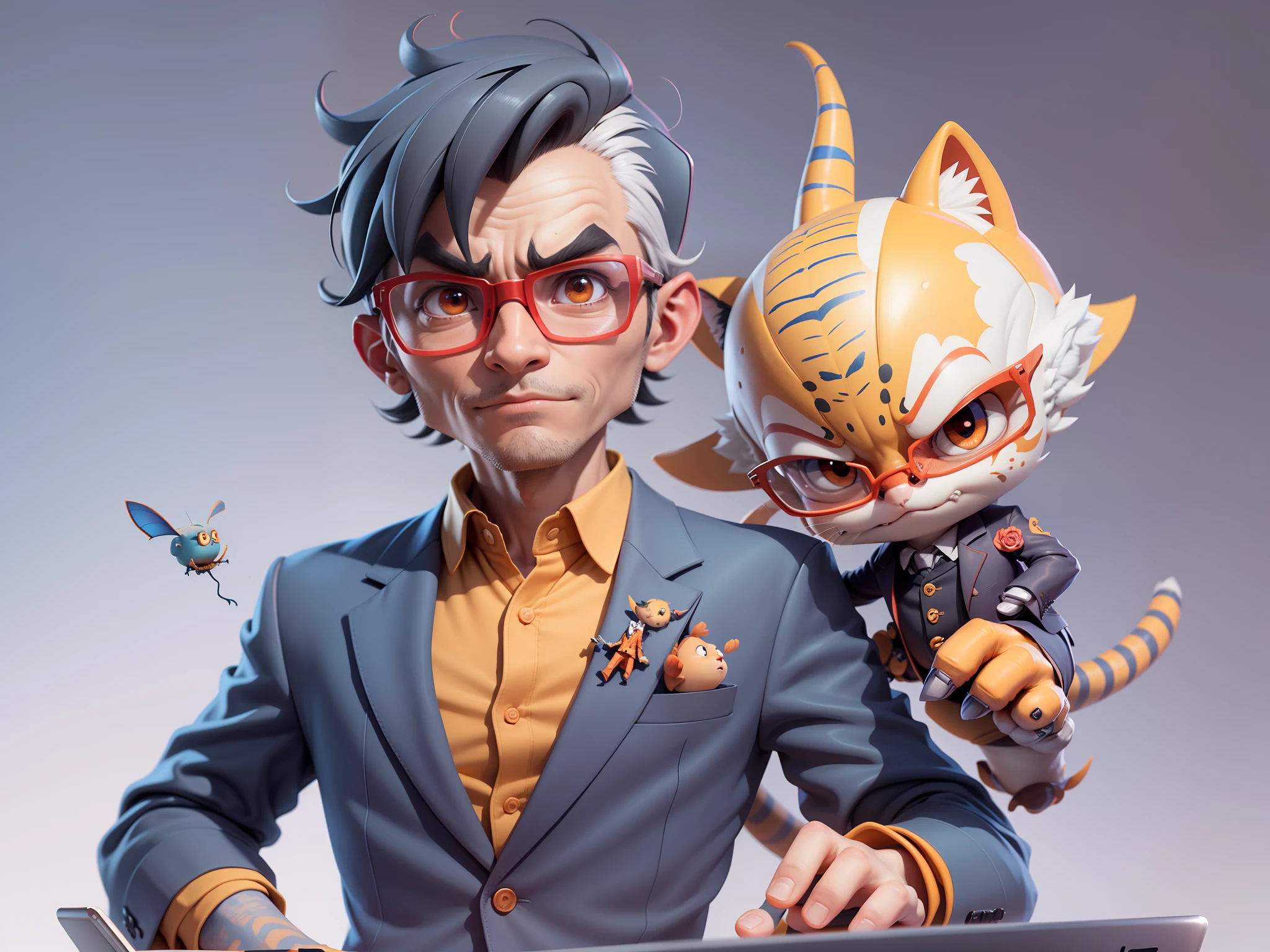 A young man in a suit, Short hair and glasses sat at his desk,holding laptop,digitial painting,tigre,3D character design by Mark Clairen and Pixar and Hayao Miyazaki and Akira Toriyama,4K HD illustration,Very detailed facial features and cartoon-style visuals。