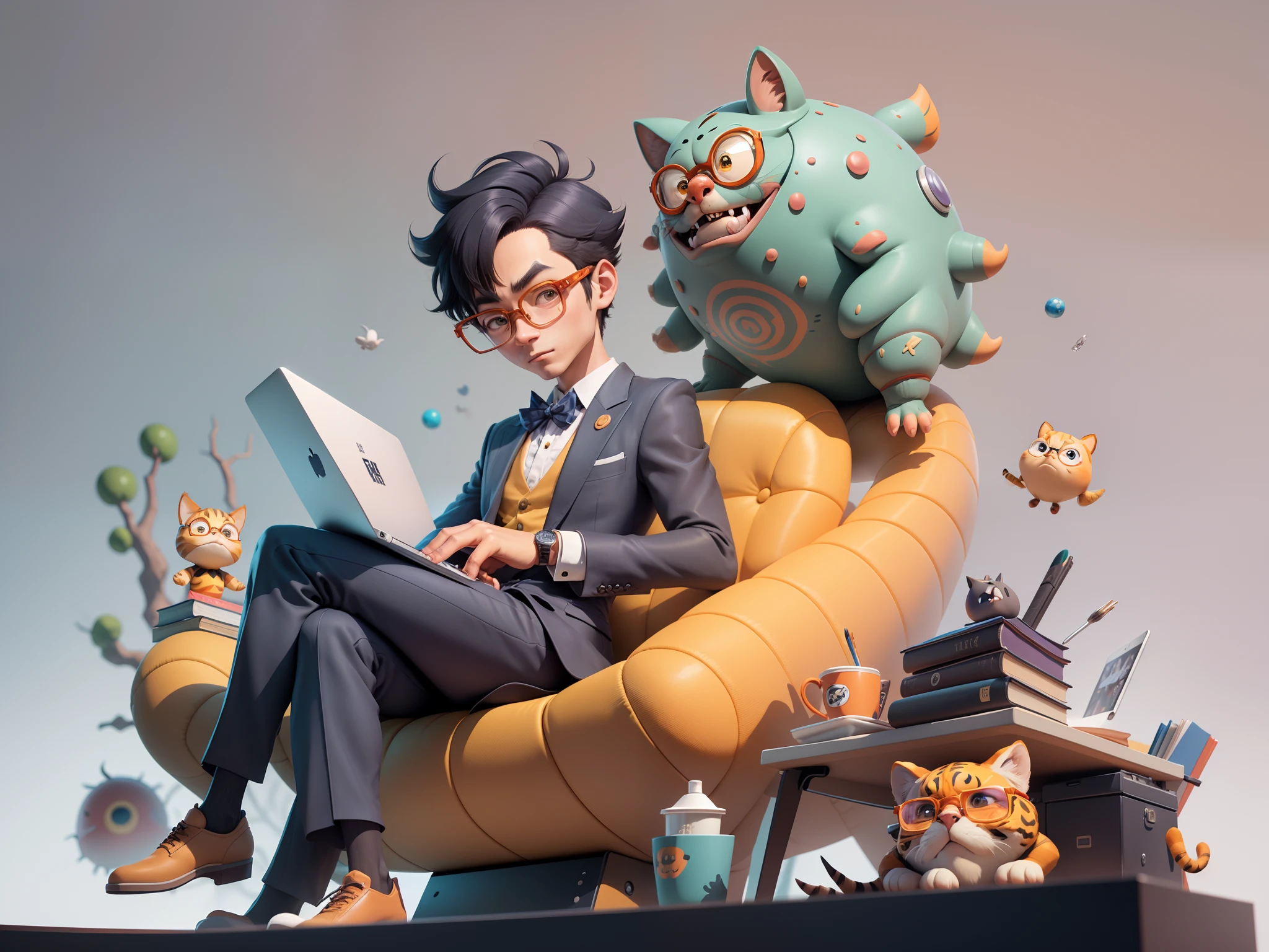 A young man in a suit, Short hair and glasses sat at his desk,holding laptop,digitial painting,tigre,3D character design by Mark Clairen and Pixar and Hayao Miyazaki and Akira Toriyama,4K HD illustration,Very detailed facial features and cartoon-style visuals。