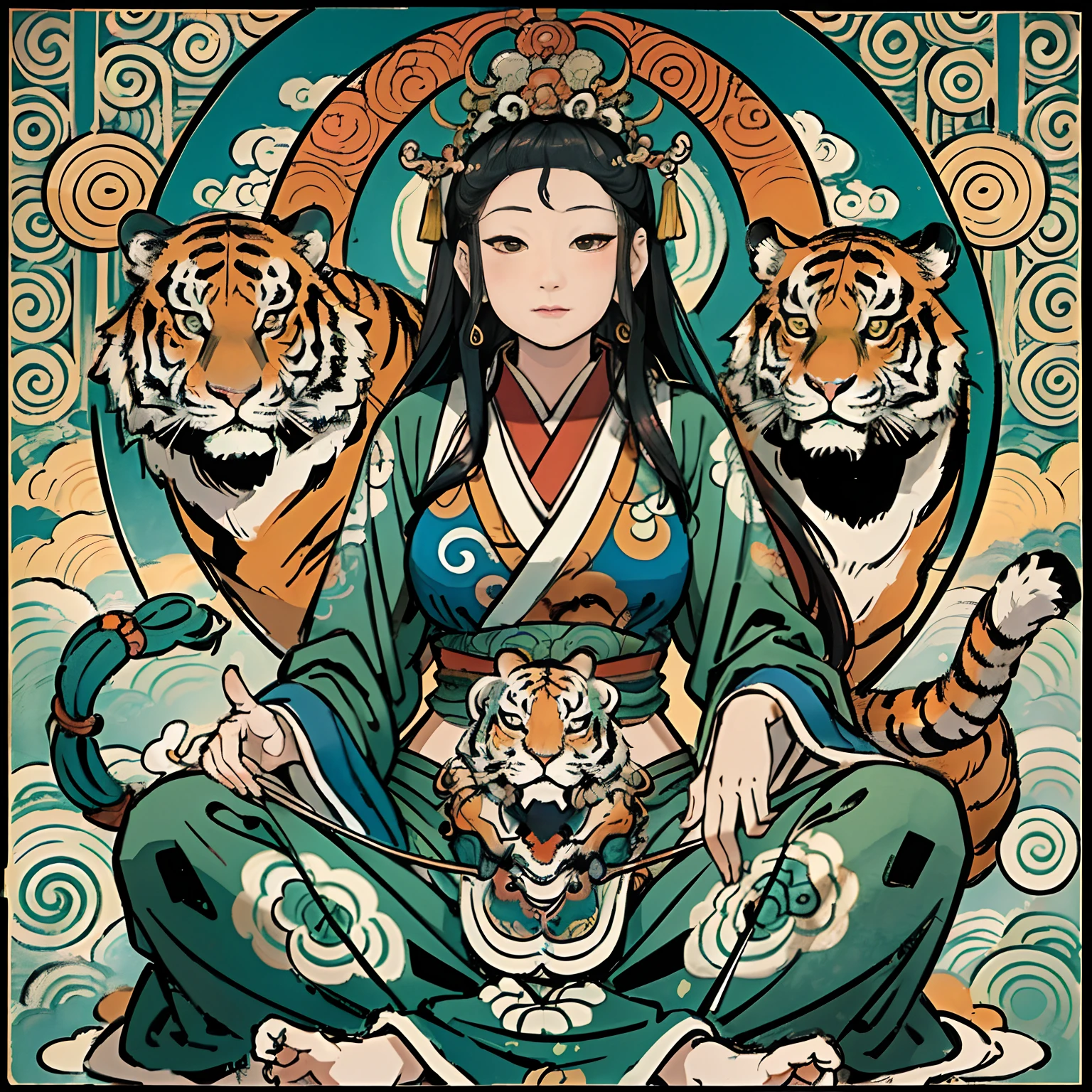 an ancient Chinese goddess, guanyin of the southern seas, Guanyin, Inspired by India, Avalokiteshvara rides a tiger，,Serene expression,shui mo hua,Buddha,Buddhist,Lotus,Chinese painting style,Thangka style