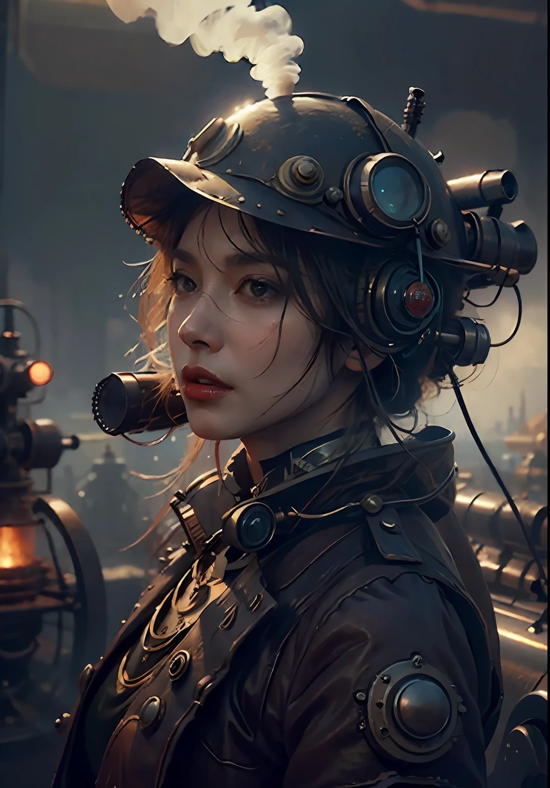 There's a woman with a steam-powered helmet, arte conceitual steampunk, arte steampunk digital, arte steampunk de alta qualidade, Wojtek FUS, arte digital steampunk, detailed steampunk illustration, Portrait of a mechanical woman, arte steampunk, estilo de arte dieselpunk, cyberpunk steampunk, estilo de fantasia steampunk, Arte digital altamente detalhada em 4k, sci-fi steampunk