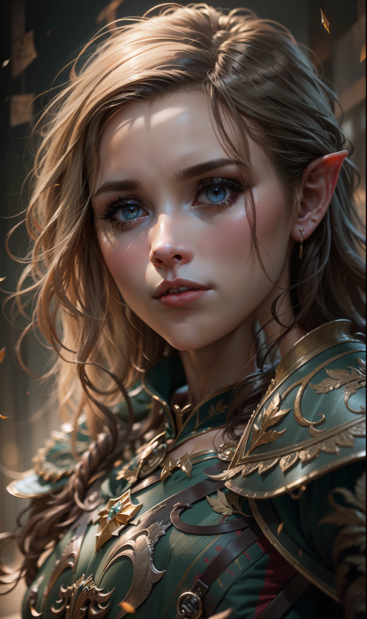 Beautiful painting of Emma Watson as perfect female elf warrior, shapeless long hair, perfect features, (wearing extremely baroque elven armor), abstract beauty, near perfection, pure form, dynamic pose, ethereal background, (deep dark shadows), (strong cinematic lighting), (back lighting), concept art by Greg Rutkowski and John William Waterhouse and Alphonse Mucha, stunning details, intricate details, 8k post-production, High resolution, super details, trending on ArtStation, sharp focus, depth of field f/1.8, studio photos, (((looking at camera))).