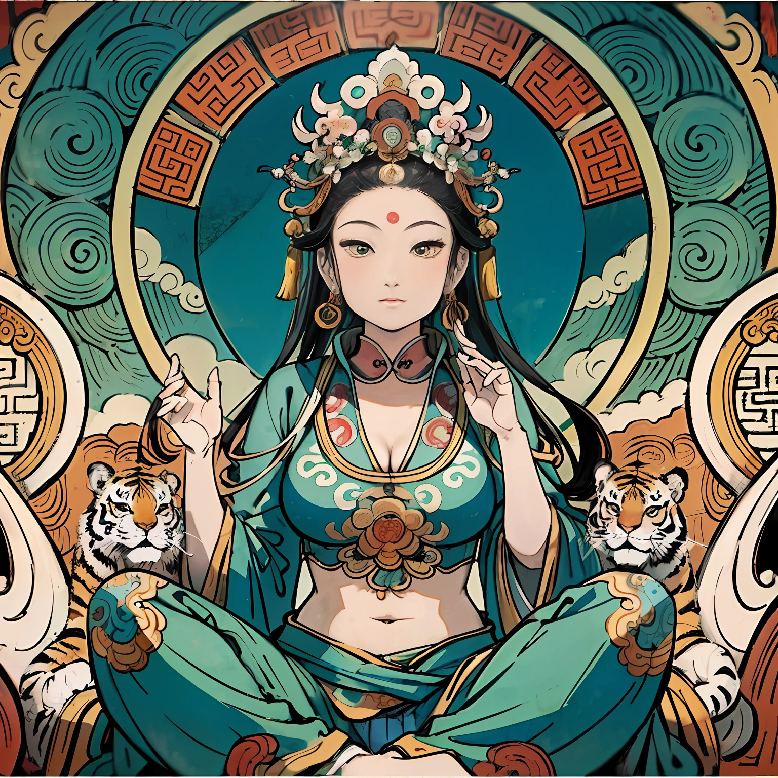 an ancient Chinese goddess, guanyin of the southern seas, Guanyin, Inspired by India, Avalokiteshvara rides a tiger，,Serene expression,shui mo hua,Buddha,Buddhist,Lotus,Chinese painting style,Thangka style