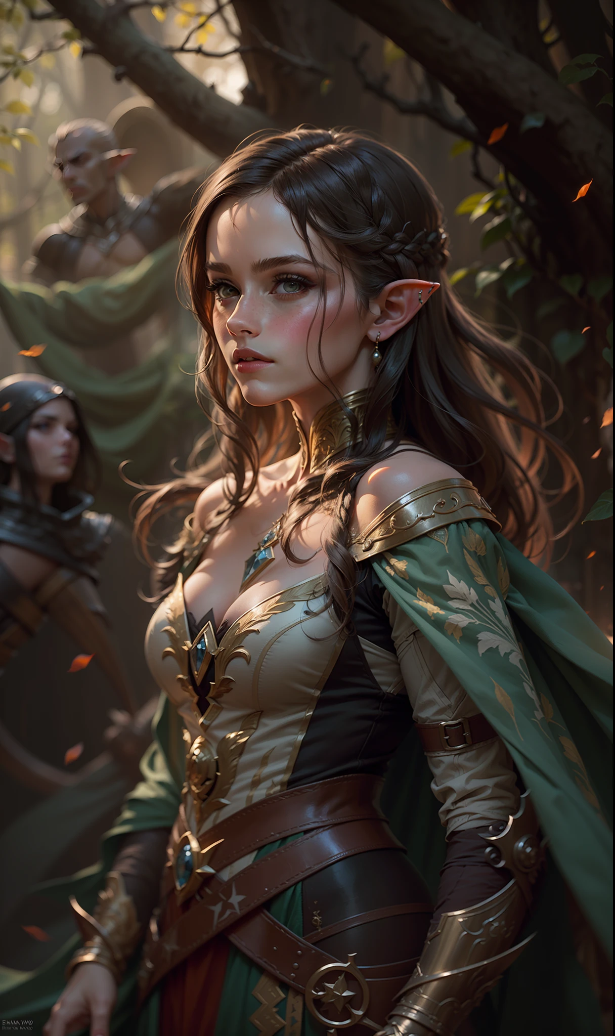 Beautiful painting of Emma Watson as perfect female elf warrior, shapeless long hair, perfect features, (wearing extremely baroque elven armor), abstract beauty, near perfection, pure form, dynamic pose, ethereal background, (deep dark shadows), (strong cinematic lighting), (back lighting), concept art by Greg Rutkowski and John William Waterhouse and Alphonse Mucha, stunning details, intricate details, 8k post-production, High resolution, super details, trending on ArtStation, sharp focus, depth of field f/1.8, studio photos, (((looking at camera))).