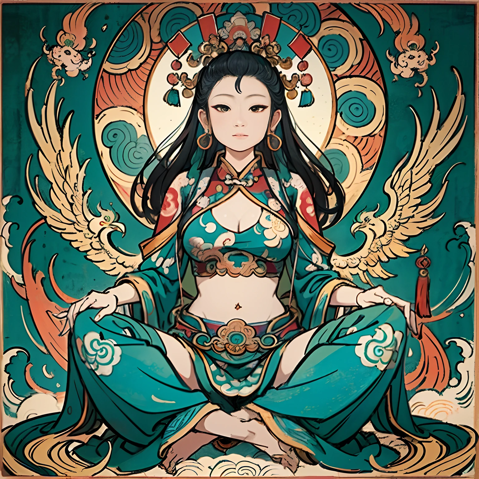 an ancient Chinese goddess, guanyin of the southern seas, Guanyin, Inspired by India, Avalokiteshvara rides a phoenix,,Serene expression,shui mo hua,Buddha,Buddhist,Lotus,Chinese painting style,Thangka style