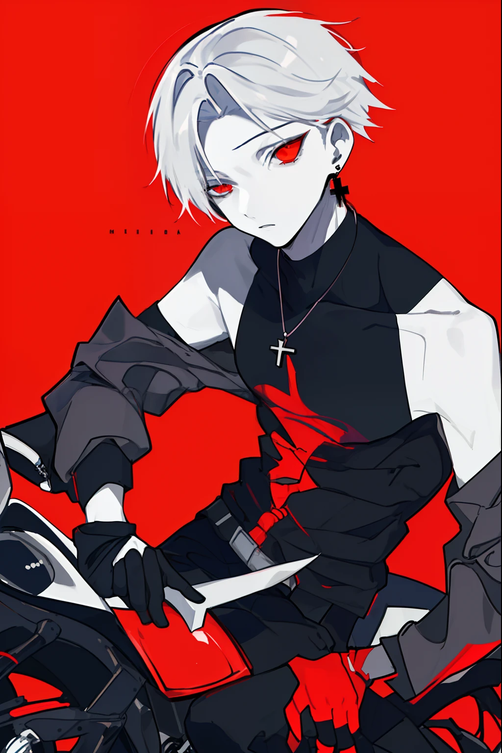 obra-prima, melhor qualidade, original_outfits,(( 1boy)), solo, pale-skinne,20 anos, aparelho masculina,moda,cabelo preto, red iris,Slacks, on_motorcycle,forte, logotipo, luvas, brincos, off_shoulde, bare_shoulders, helmet_removed, open_clothes, cross_earrings, long_sleeves, no expression, red_background, monocromatic,