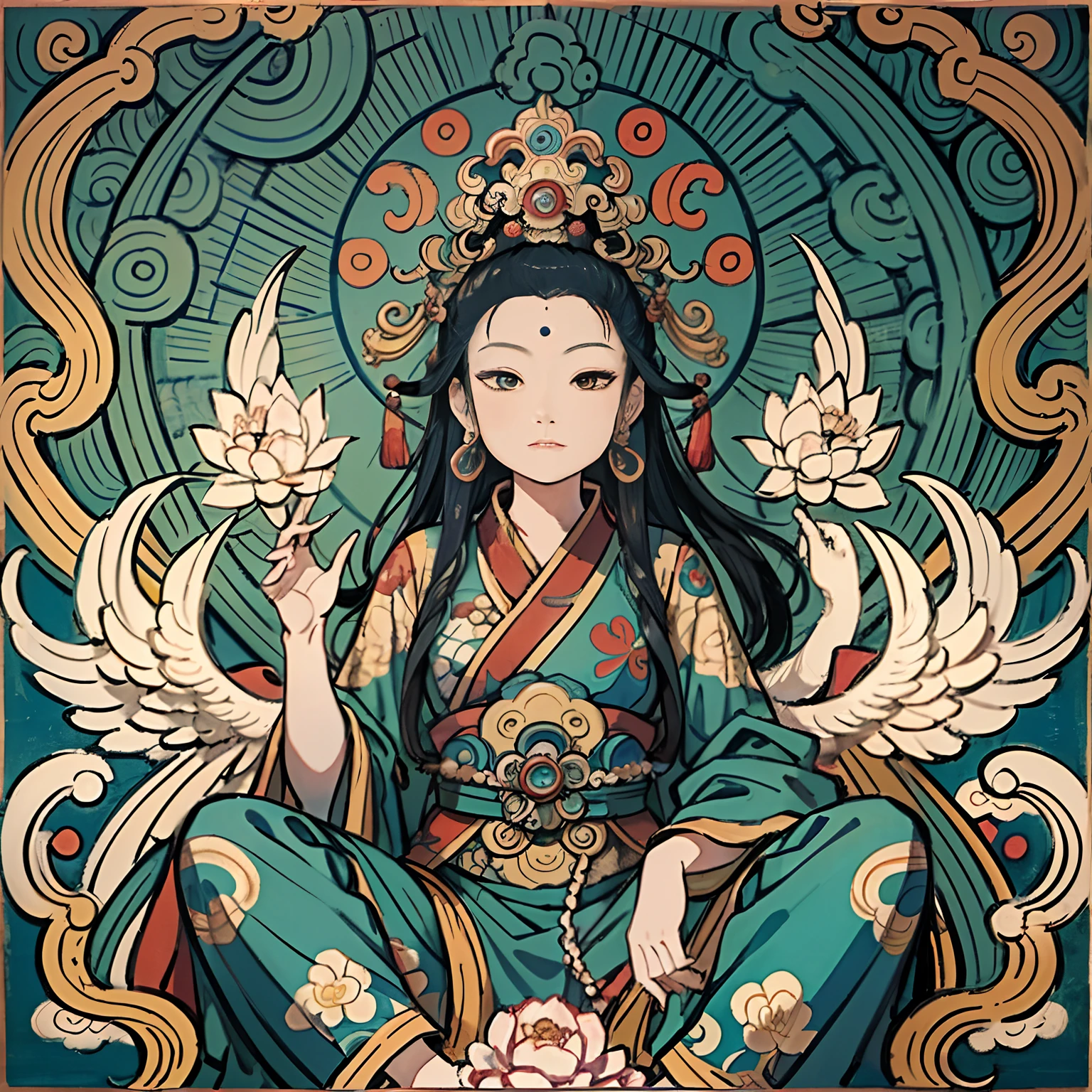 an ancient Chinese goddess, guanyin of the southern seas, Guanyin, Inspired by India, Avalokiteshvara rides a phoenix,,Serene expression,shui mo hua,Buddha,Buddhist,Lotus,Chinese painting style,Thangka style