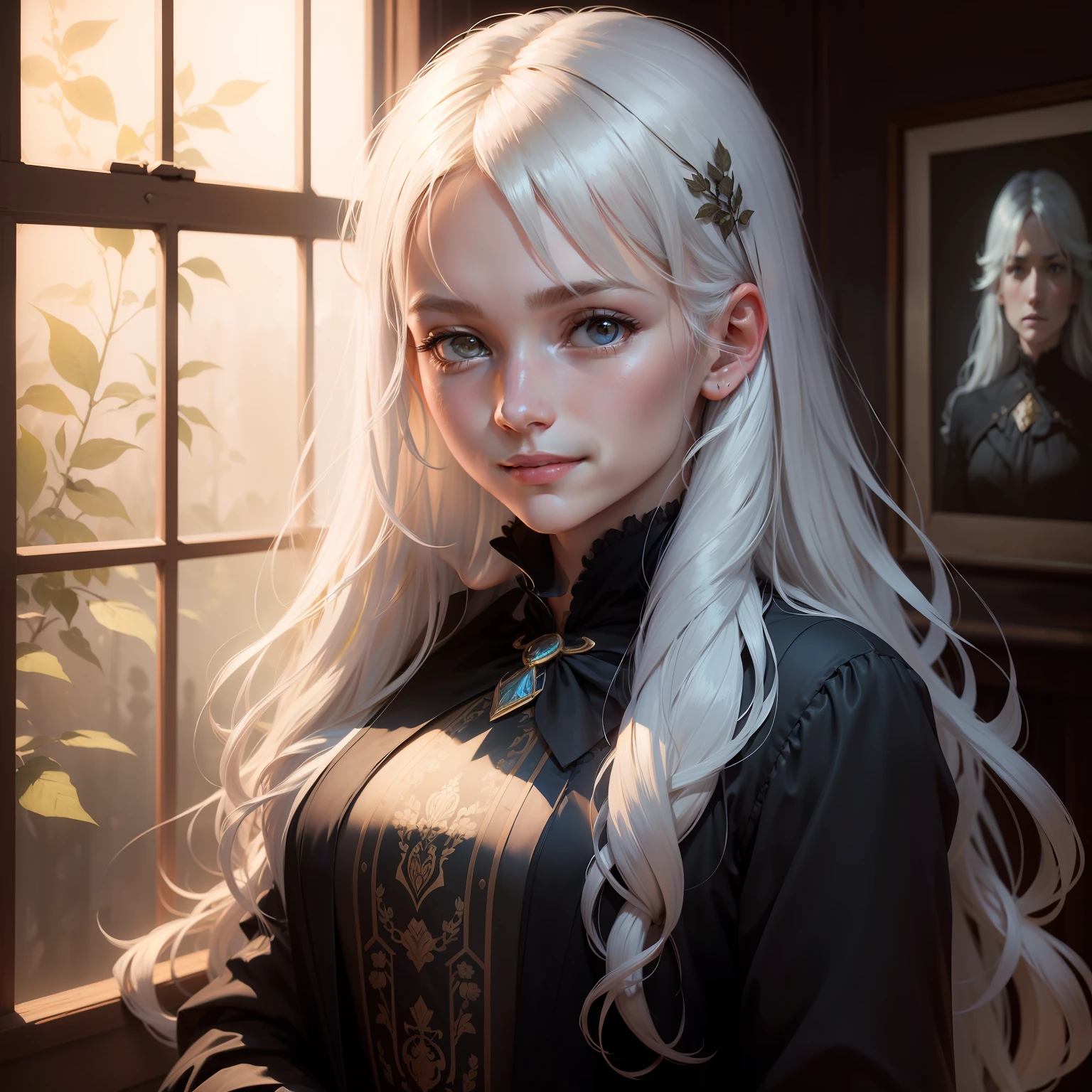 (Front Focus), (In the Dark: 1.6), Portrait of a Female Hyperrealism by David Hockney and Alphonse Mucha, Fantasy Art, Photorealistic, Dynamic Lighting, Art Station, Posters, Volumetric Lighting, Highly Detailed Faces, 4K, Award-Winning, 1girl, In the Dark, Deep Shadows, Low Key, Cowboy Shot, (Official Clothes: 1.4), Long Hair, White Hair, Happy Smile, Skin Texture,