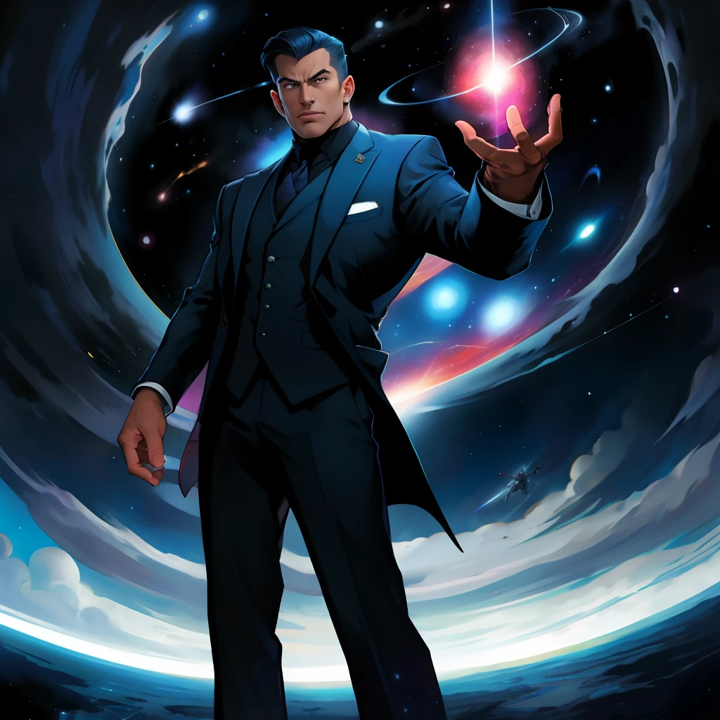 A humanoid being in a well-tailored suit but with flying cosmic powers holding a universe in his hands in an imposing pose
