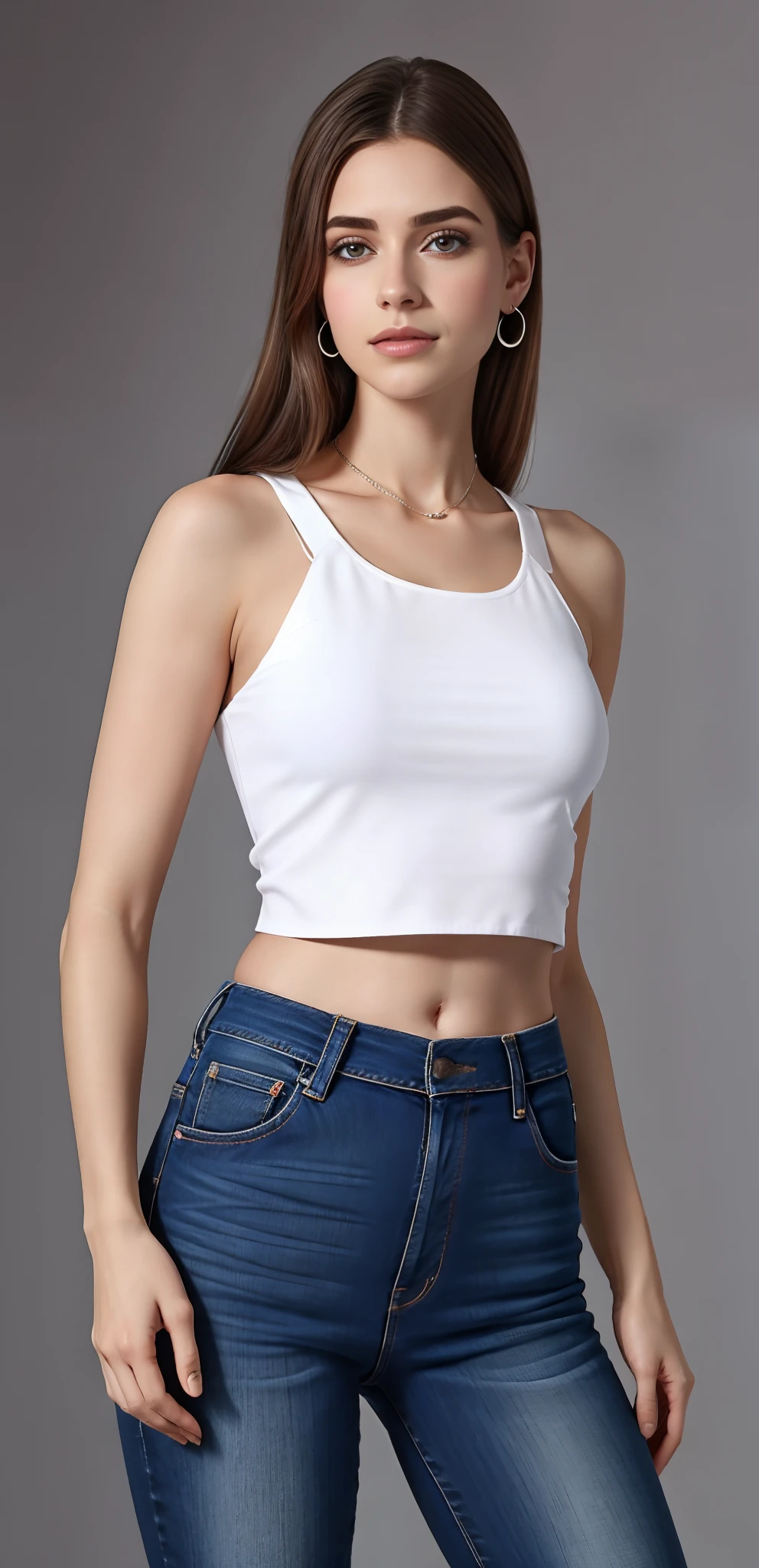 uma mulher linda de top branco e jeans posando para uma foto, foto de modelo de menina slim, usando um top cropped sexy, usando um crop top, midriff nu, usando um top cropped, usando crop top, usando um top cropped, midriff exposto, tinyest midriff ever, usando uma regata preta cropped, cintura fina