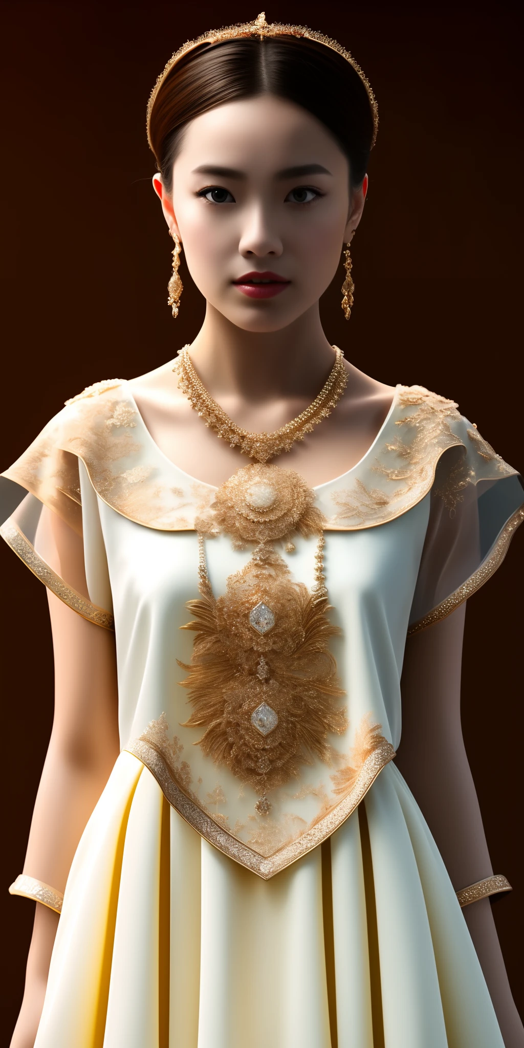 Best quality, masterpiece, high resolution, 1girl, porcelain dress, hair accessories, necklace, jewelry, beautiful face, on the body, Tyndall effect, realistic, dark studio, edge lighting, two-tone lighting, (high detail skin: 1.2), 8k UHD, dslr, soft light, high quality, volumetric light, candid, photo, high resolution, 4k, 8k, background blur,