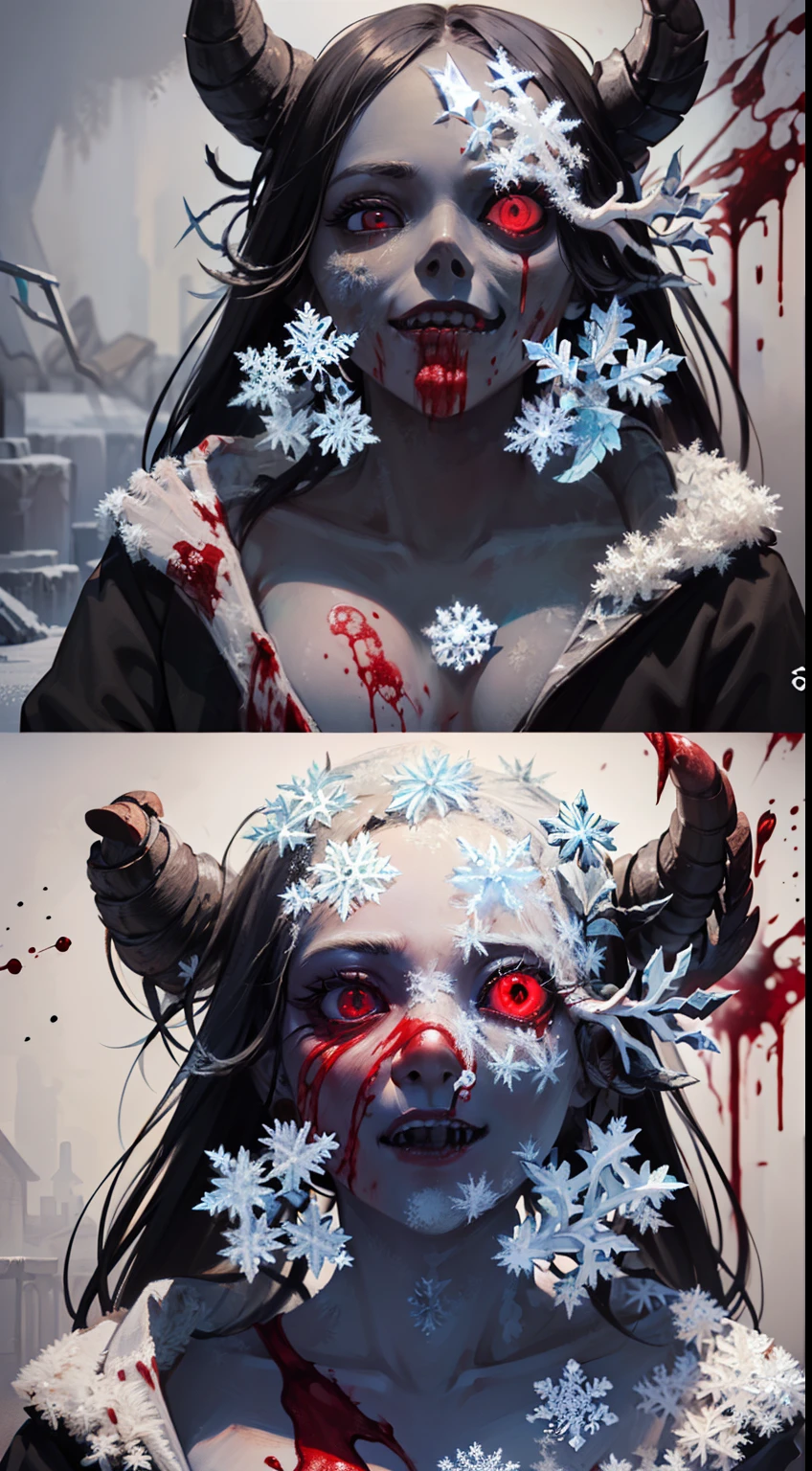 ((8k:1.4)), perfect, accurate, (high resolution:1.2), (high detail), high quality, (masterpiece:1.8), female, (dark skin:1.8) ((injury:1.2)), ((rusty_nails_in_skin)), (agony), (ice:1.2), ((mining uniform:1.2)), (messy long hair), ((black hair:1.6)), (red_sclera:1.2), ((bandaged hands)), (crazy_smile:1.2), (blood covering face:1.6), blood everywhere:1.2, (blood on clothing:1.2), (((gore:1.2))), (((viscera:1.2))), injured mouth, scars, (cuts_on_skin:1.2), blood on lips, ((anatomical accuracy:1.6)), wide open mouth, (body horror:1.2), (flesh clothing:1.2), (((frost:1.8))), ((encased in ice:1.4)), monstrous features:1.2), (frozen clothes:1.2), snow, skeleton, skull, (((four eyes:1.6))), (sharp teeth),