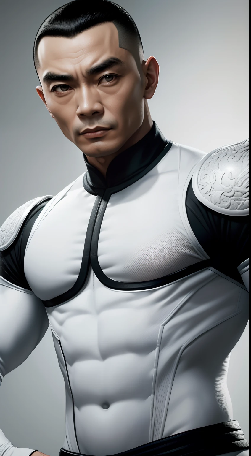 ator Gordon Liu com cabelo branco coque, grosso, sobrancelhas brancas alongadas, bigode branco longo e cavanhaque branco fino. corpo inteiro. cinemactic, hyper realistic