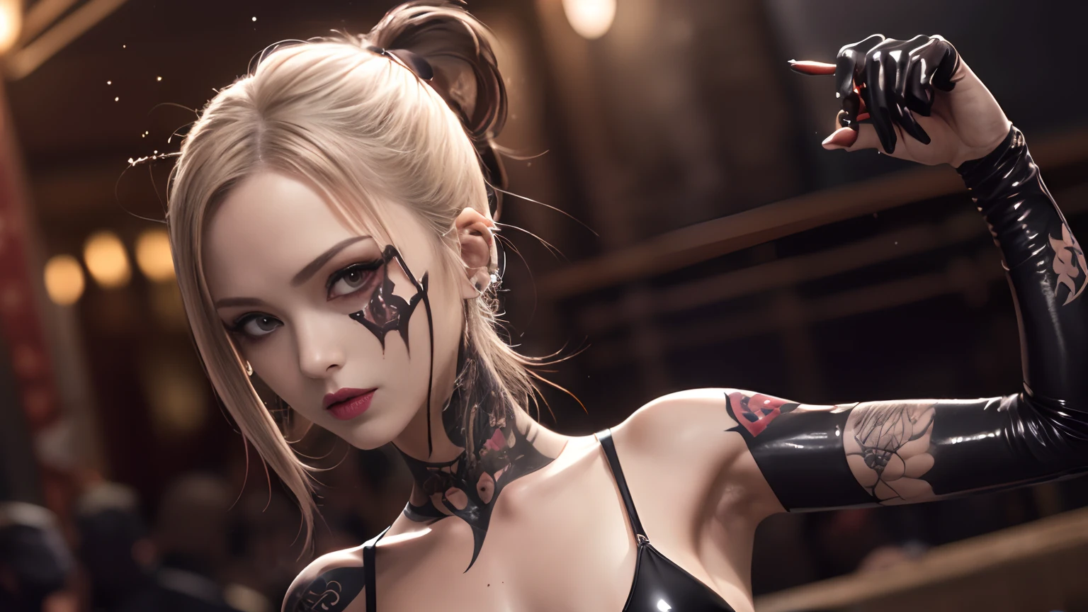 (masuter piece), 1girl in, head portrait, Fantasy, Evil look, A bustling fight club with many spectators, Sucker Punch Girl, Very slender athletic body, Evil look, (Small breasts:1.2), Leather Bikini, (Looking at Viewer:1.1), (high gloss skin:1.2), Badass girl, The tattoo