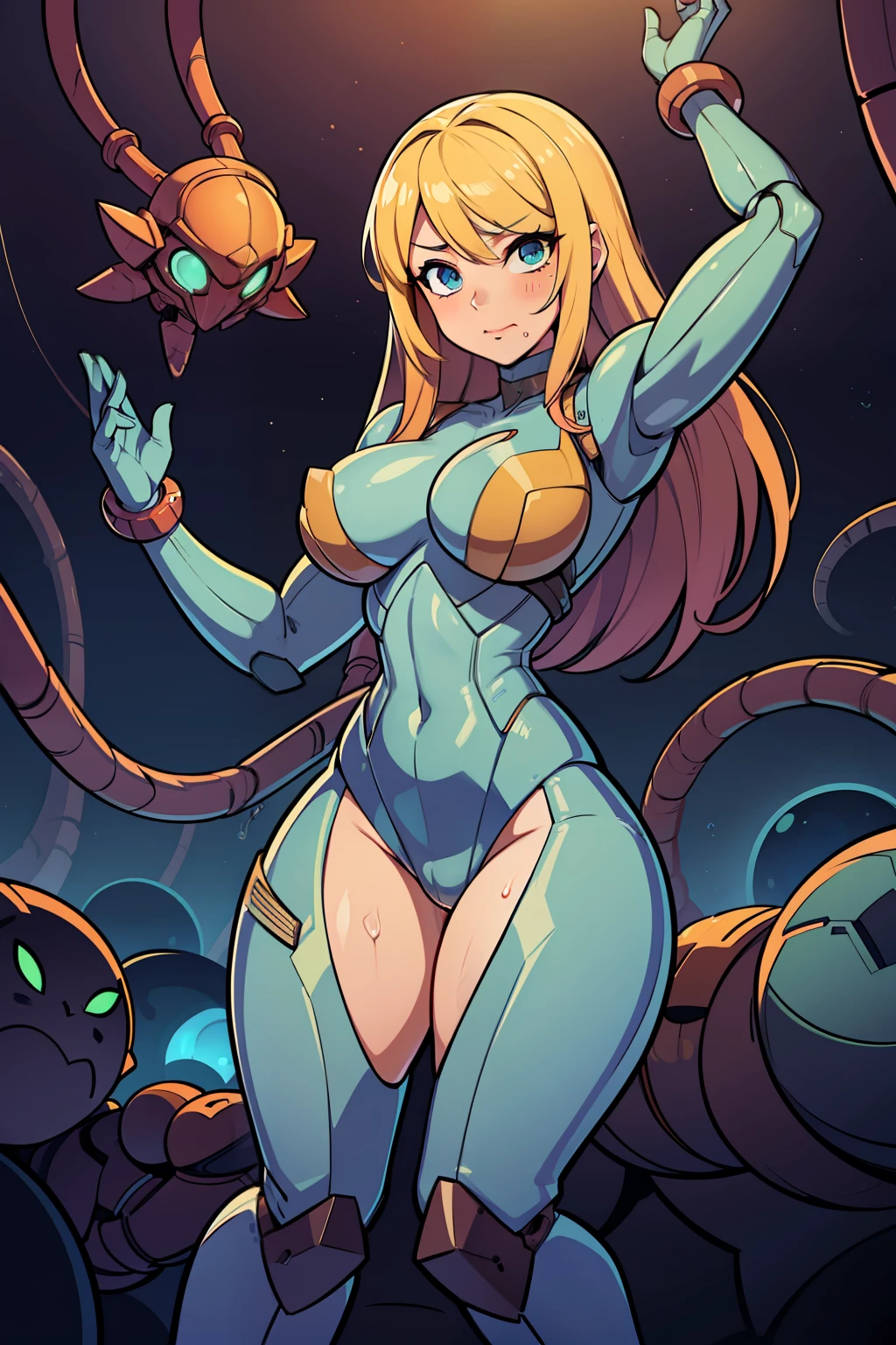sex, sexual , sexy, professional artwork, detailed eyes, beautiful eyes, beautiful face, flawless face, gorgeous face, smooth features, large breasts, blush, thick thighs, beautifully detailed background, bdsm, bondage, wet body, muscular, muscular body, fit, toned, abs, muscular arms, muscular legs, athletic, bondage, white liquid on body, sci-fi, science fiction, future, neon lights, vaginal penetration, oral penetration, , tentacles, tentacle sex, surrounded by tentacles, grabbing tentacles, body wrapped in tentacles, tentacle insertion, tentacle penetration, tentacle in vagina, tentacle in mouth, tentacles wrapped around body, tentacles wrapped around legs, thick tentacles, space ship interior, space ship, space, space visible through window, outer space, mechanical background, cum, cum in , cum on body, cum on breasts, cum on face, cum everywhere, white liquid, white liquid on breasts, white liquid everywhere, white liquid on body, white liquid on face, happy, pleasured, samus, samus aran, metroid, varia suit, power suit, nintendo, metroid dread, super metroid, metroid prime, exposed breasts, exposed vagina, pubic hair, cyberpunk, cyborg, cyborg woman, cybernetics, cybernetic, robot, robotic arm, robotic leg