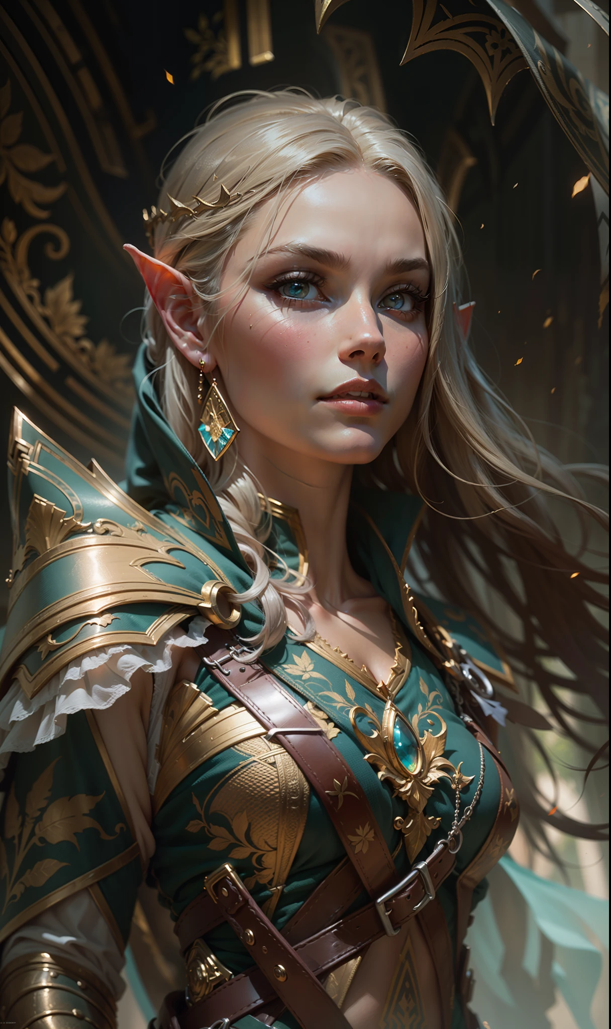 Beautiful painting of Margot Robbie as perfect female elf warrior, shapeless long hair, perfect features, (wearing extremely baroque elven armor), abstract beauty, near perfection, pure form, dynamic pose, ethereal background, (deep dark shadows), (strong cinematic lighting), (back lighting), concept art by Greg Rutkowski and John William Waterhouse and Alphonse Mucha, stunning details, intricate details, 8k post-production, High resolution, super details, trending on ArtStation, sharp focus, depth of field f/1.8, studio photos, (((looking at camera))).
