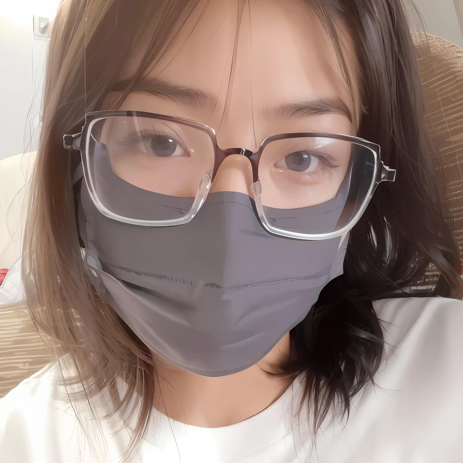 Arad woman sitting on sofa wearing mask and glasses, wearing transparent glass mask, wearing facemask and sunglasses, surgical mask covering mouth, Wearing an all-black door wave mask, wearing face mask, wearing face mask, Wearing a mask, wearing thin large round glasses, medical mask, mask inside mask, Li Zixin, 8k selfie photograph, wearing glack glasses