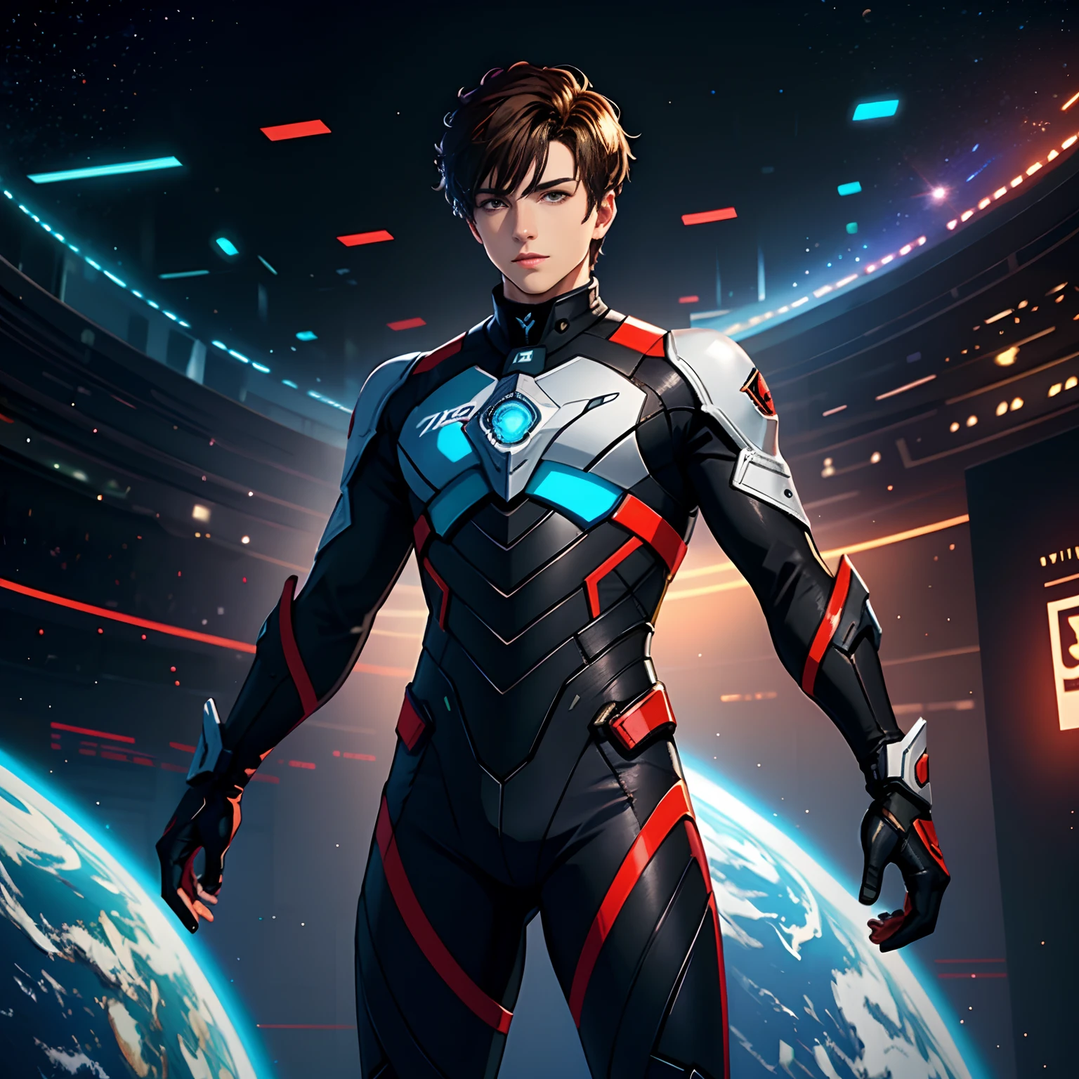 A handsome young man with short brown hair,, Stand in virtual space,Esports suits,Science fiction image,future