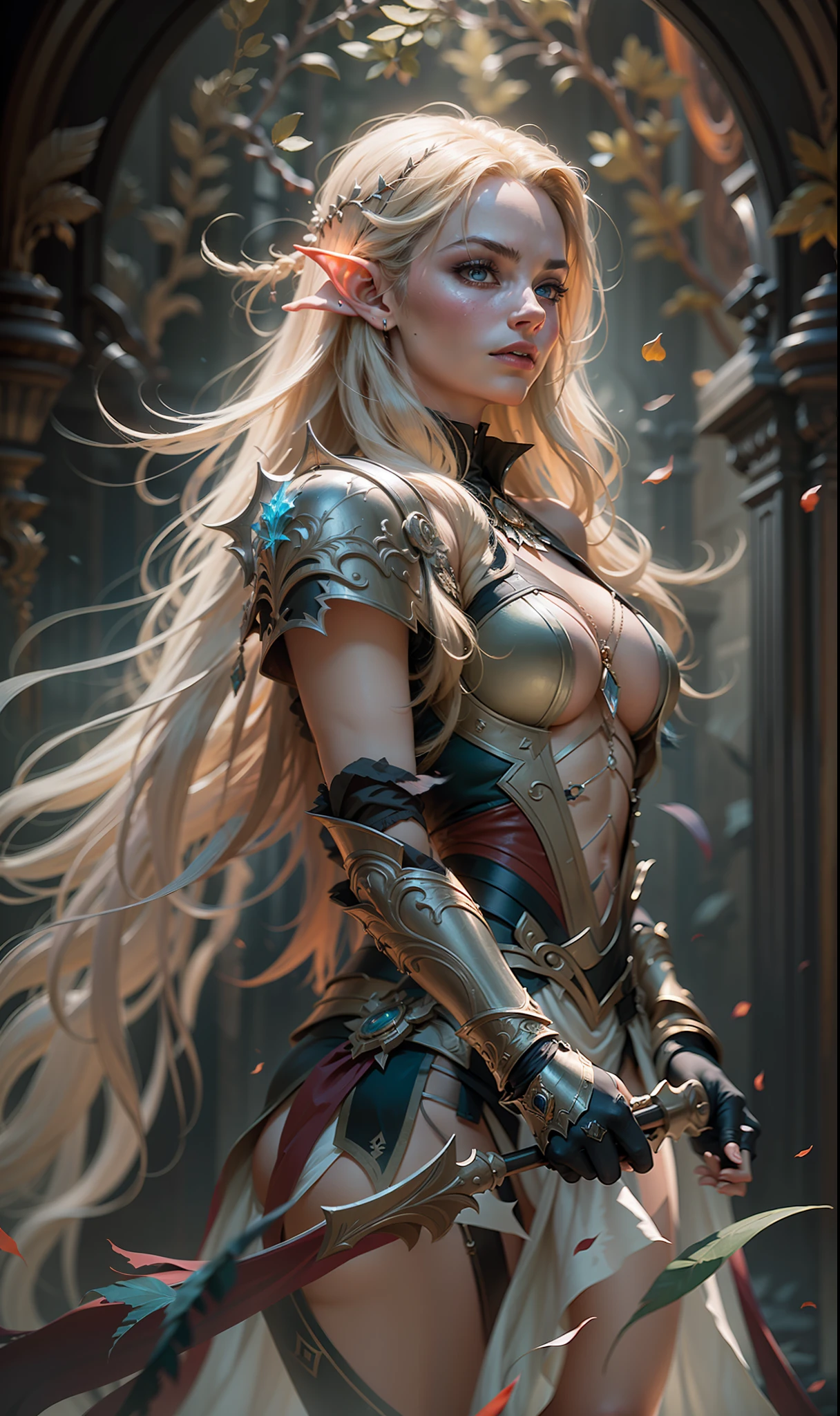 Beautiful painting of Margot Robbie as perfect female elf warrior, shapeless long hair, perfect features, (wearing extremely baroque elven armor), abstract beauty, near perfection, pure form, dynamic pose, ethereal background, (deep dark shadows), (strong cinematic lighting), (back lighting), concept art by Greg Rutkowski and John William Waterhouse and Alphonse Mucha, stunning details, intricate details, 8k post-production, High resolution, super details, trending on ArtStation, sharp focus, depth of field f/1.8, studio photos, (((looking at camera))).
