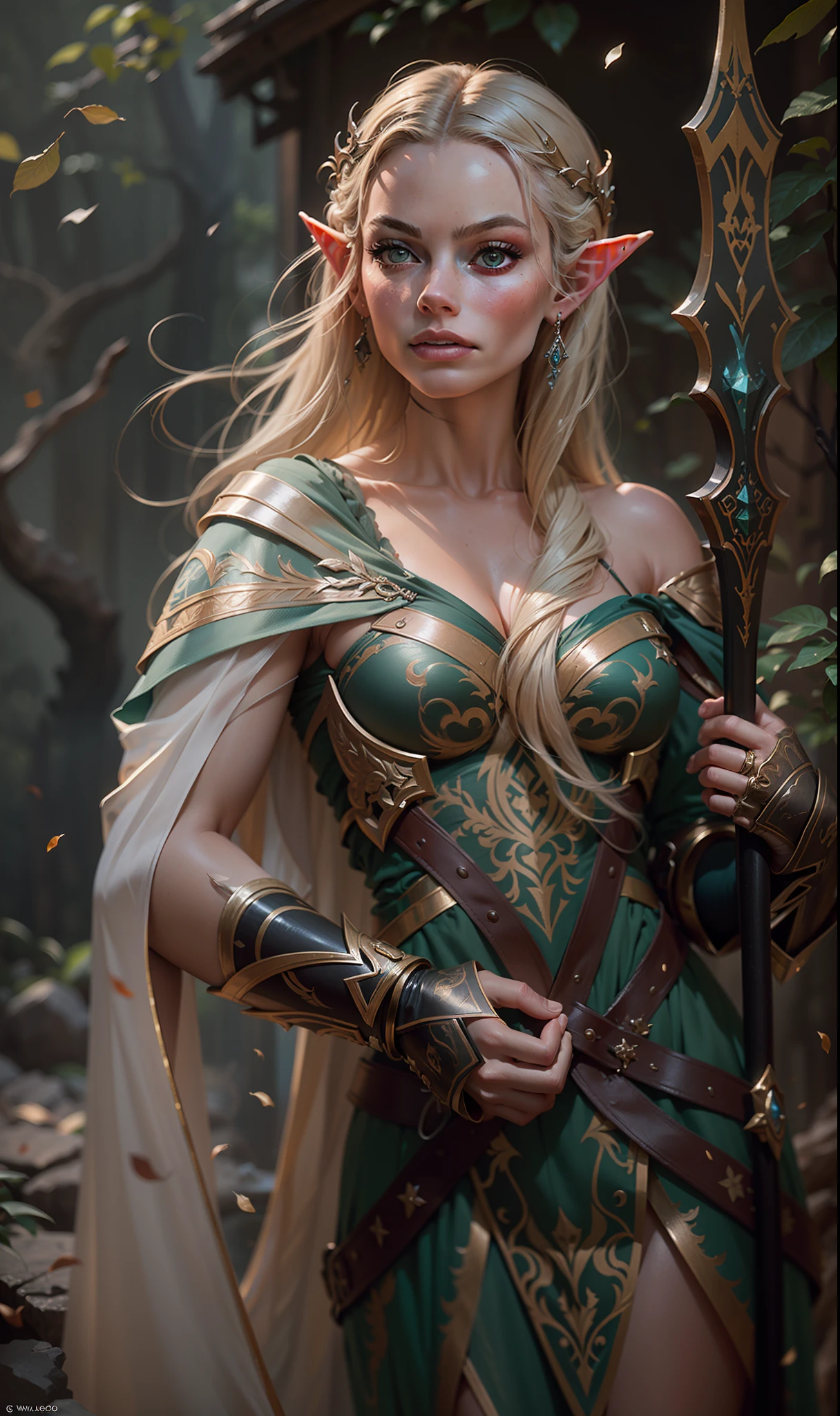 Beautiful painting of Margot Robbie as perfect female elf warrior, shapeless long hair, perfect features, (wearing extremely baroque elven armor), abstract beauty, near perfection, pure form, dynamic pose, ethereal background, (deep dark shadows), (strong cinematic lighting), (back lighting), concept art by Greg Rutkowski and John William Waterhouse and Alphonse Mucha, stunning details, intricate details, 8k post-production, High resolution, super details, trending on ArtStation, sharp focus, depth of field f/1.8, studio photos, (((looking at camera))).