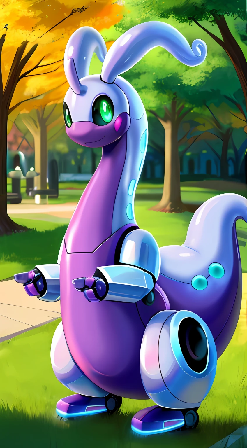 Goodra ,obra maestra,mejor calidad,beautiful style ,robot maquina,metalico,shiny skin,metallic, mechanical,pokemon,cute pose,black sclera, green eyes, shiny skin,feral, femenine,park,robot face,nsfw,