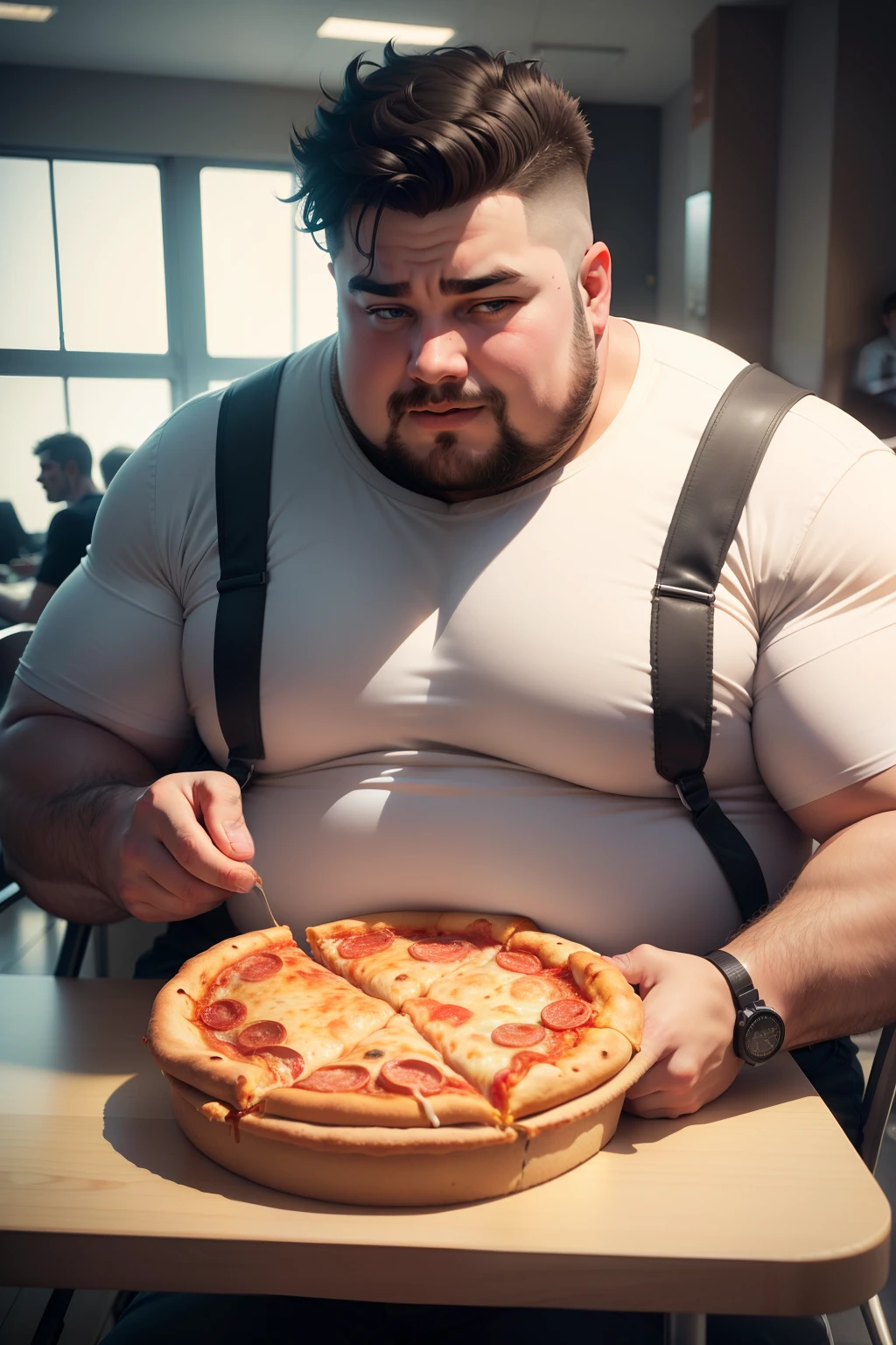 Make the father and the son
The two obese
In the cafeteria
The two of them eating pizza and soda
In 3D quality