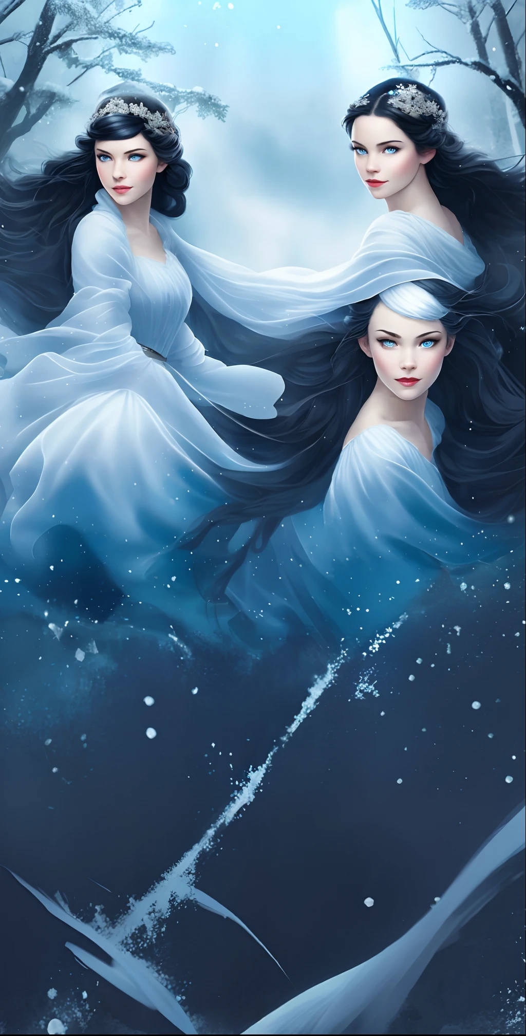 blue and white, abstract background of a snow storm in a forest