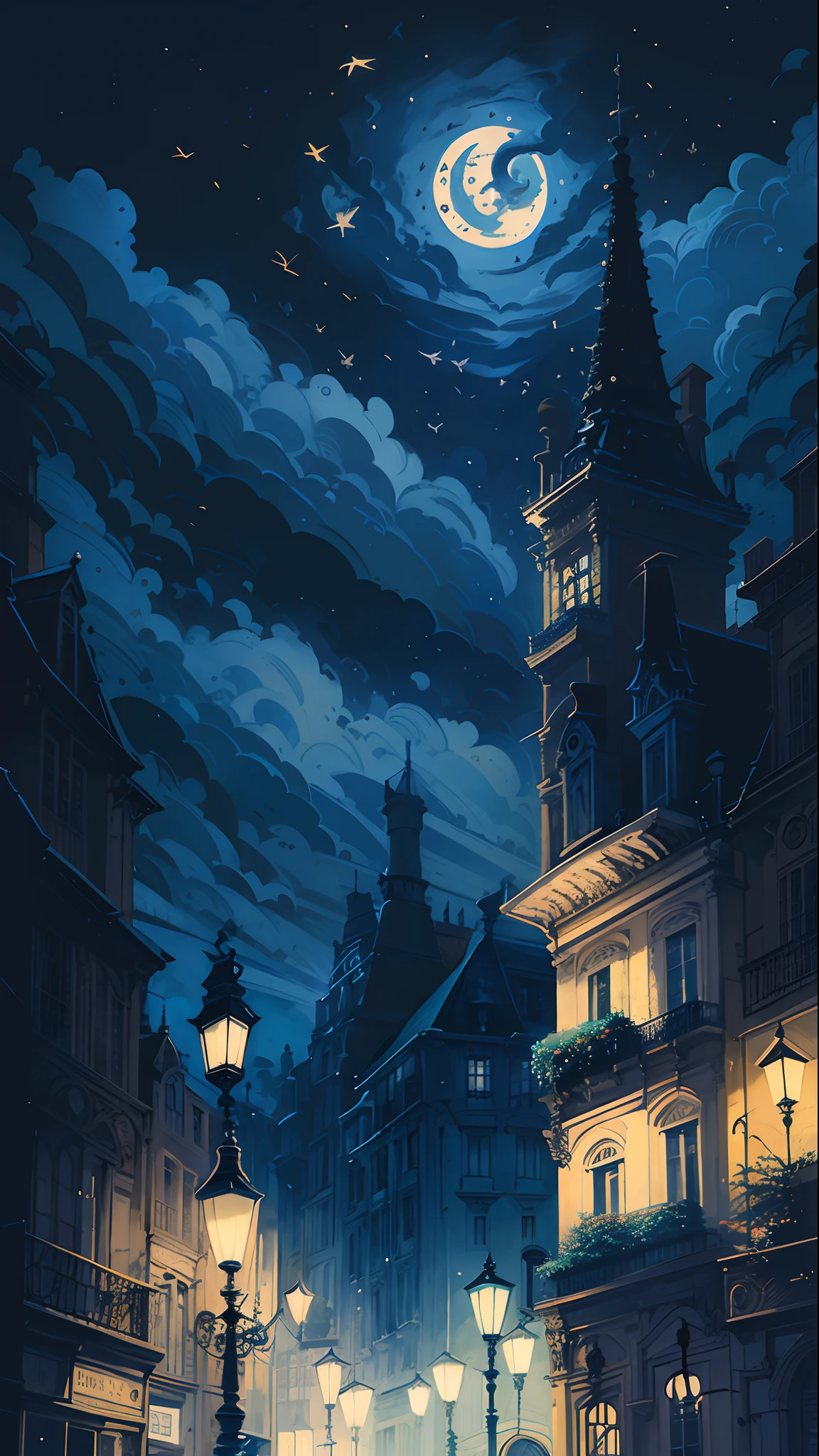 Night scene of a city street with a clock tower and a crescent, inspirado em Vincent Lefevre, noite calma. digital illustation, paper awesome wallpaper, pintura barroca. sky illuminated by stars, pintura digital altamente detalhada, Paisagem urbana noturna, No estilo de arte de Dan Mumford, estilo de arte impressionante, atmospheric night, inspirado em Dan Mumford, inspirado por Carl Spitzweg, Night scenery