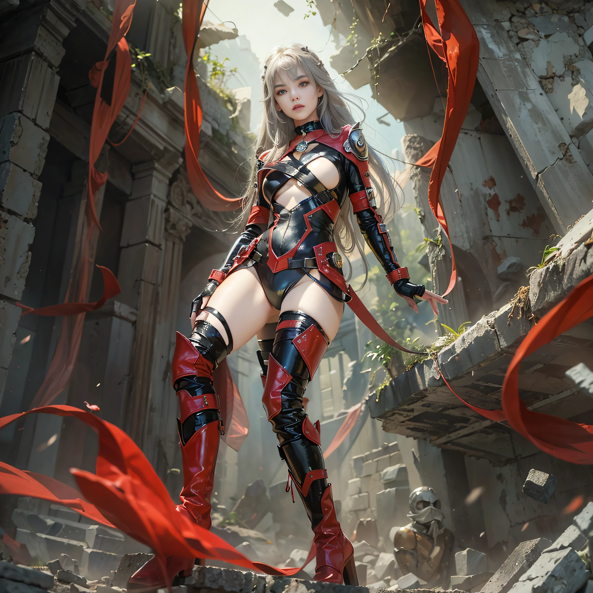 ((​masterpiece:1.4)、(top-quality:1.4)、(reallistic:1.7))、Space Warrior、Beauty Warrior、Sexy Daughter、1girl in、latex shiny、Latex bodysuit、By Luis Royo、age19、Super Ultra Ultra Bikini、Looking Back Beauty、Outstanding style、Slender Abs、beauty legs、Beautiful ass、A detailed eye、beautidful eyes、Raw photo、red-lips、Red boots、a choker、a necklace、耳Nipple Ring、Combat in the ruins of an ancient city of the planet