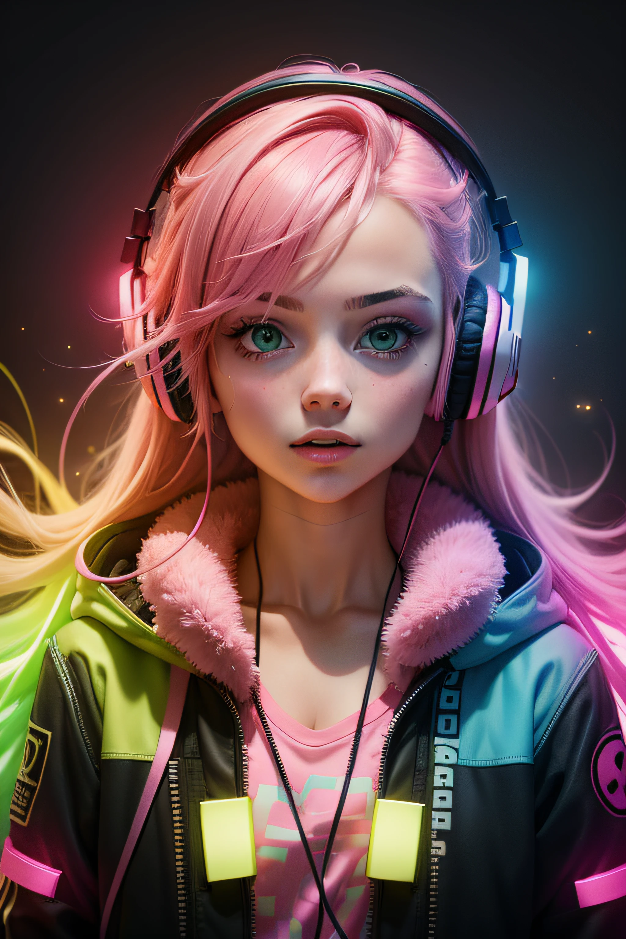 girl with pink hair, headphones, psychedelic colors, strong colors, mix of green and pink lights,