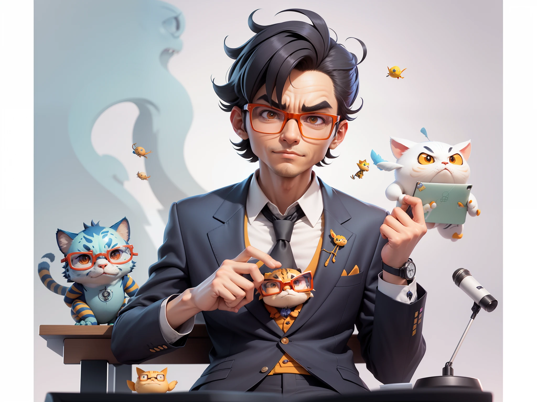 A young man in a suit, Short hair and glasses sat at his desk,holding laptop,digitial painting,tigre,3D character design by Mark Clairen and Pixar and Hayao Miyazaki and Akira Toriyama,4K HD illustration,Very detailed facial features and cartoon-style visuals。