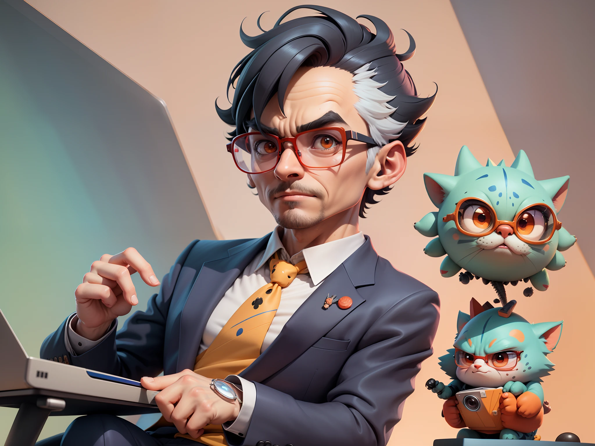 A young man in a suit, Short hair and glasses sat at his desk，holding laptop，digitial painting，tigre，3D character design by Mark Clairen and Pixar and Hayao Miyazaki and Akira Toriyama，4K HD illustration，Very detailed facial features and cartoon-style visuals。
