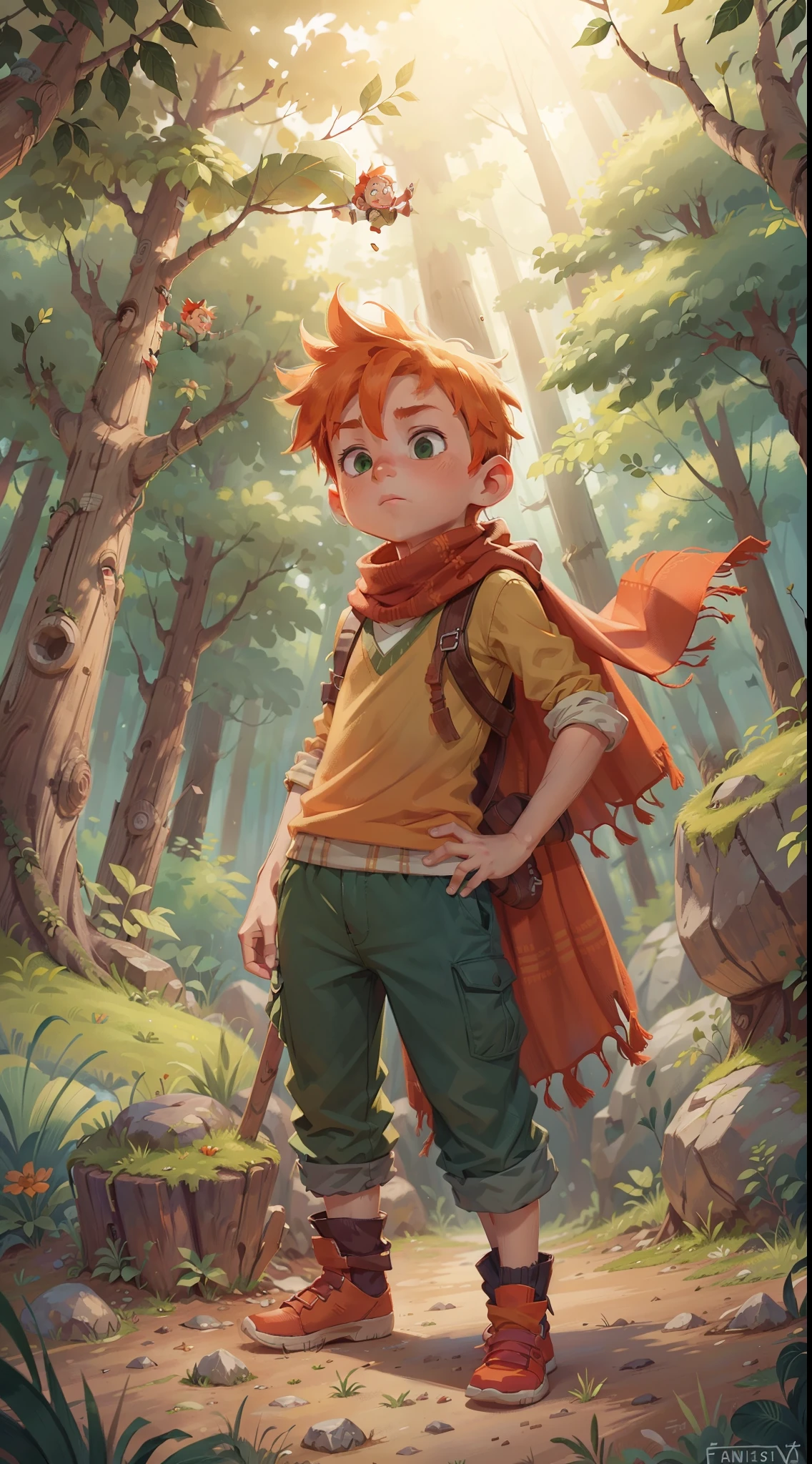 SFW, child, scarf, fantasy, adventure, forest, green eyes, orange hair, boy, ???, red scarf, long shorts, solo, pants, 1 boy