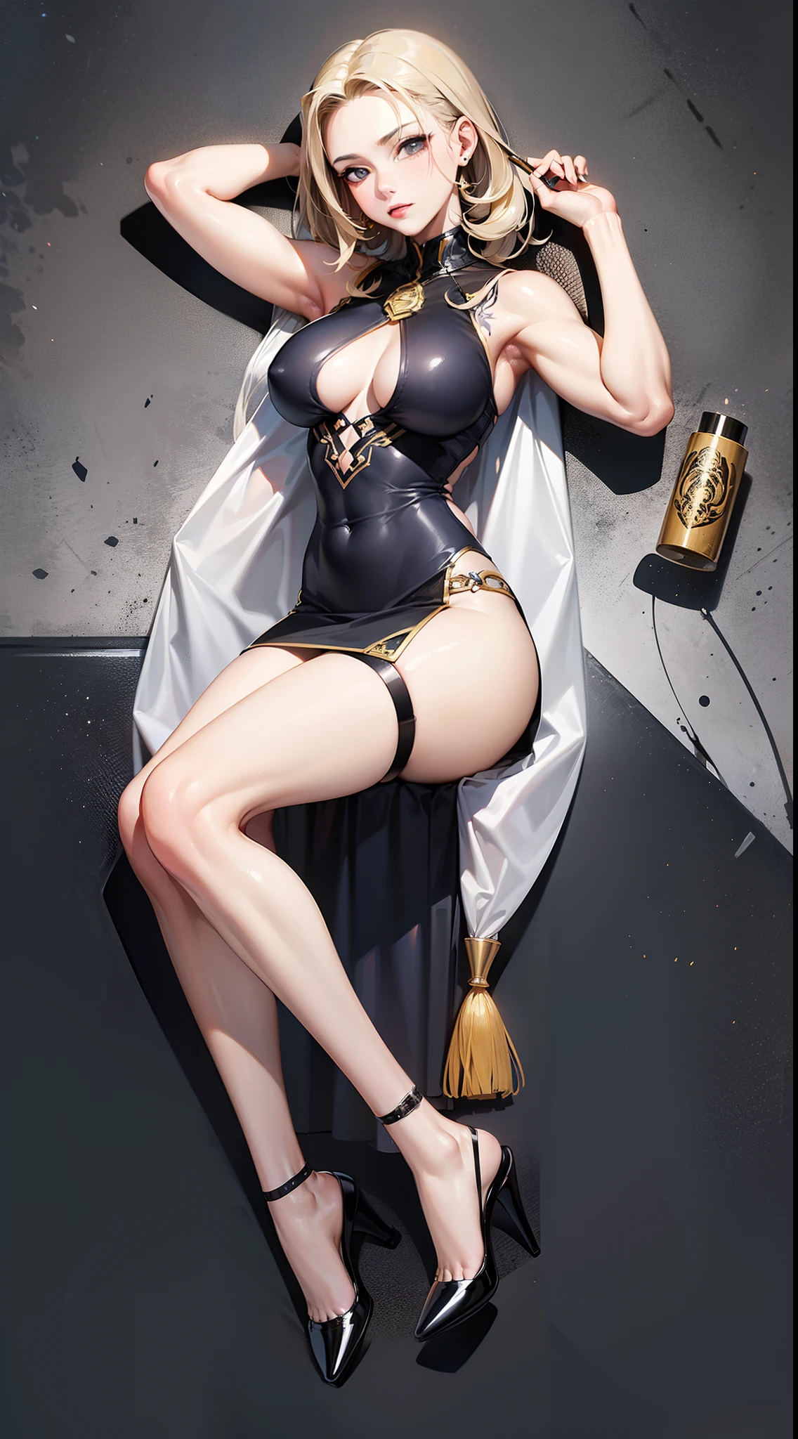 ((foto de corpo inteiro)), ((foto realista)), uma mulher, solo, militar, (colete: 1.2), 8k, high-res, obra-prima, melhor qualidade, (headpe: 1.3), pele finamente detalhada, seios enormes, tattoo, skirt,white lingerie, roupas transparente, very muscular legs