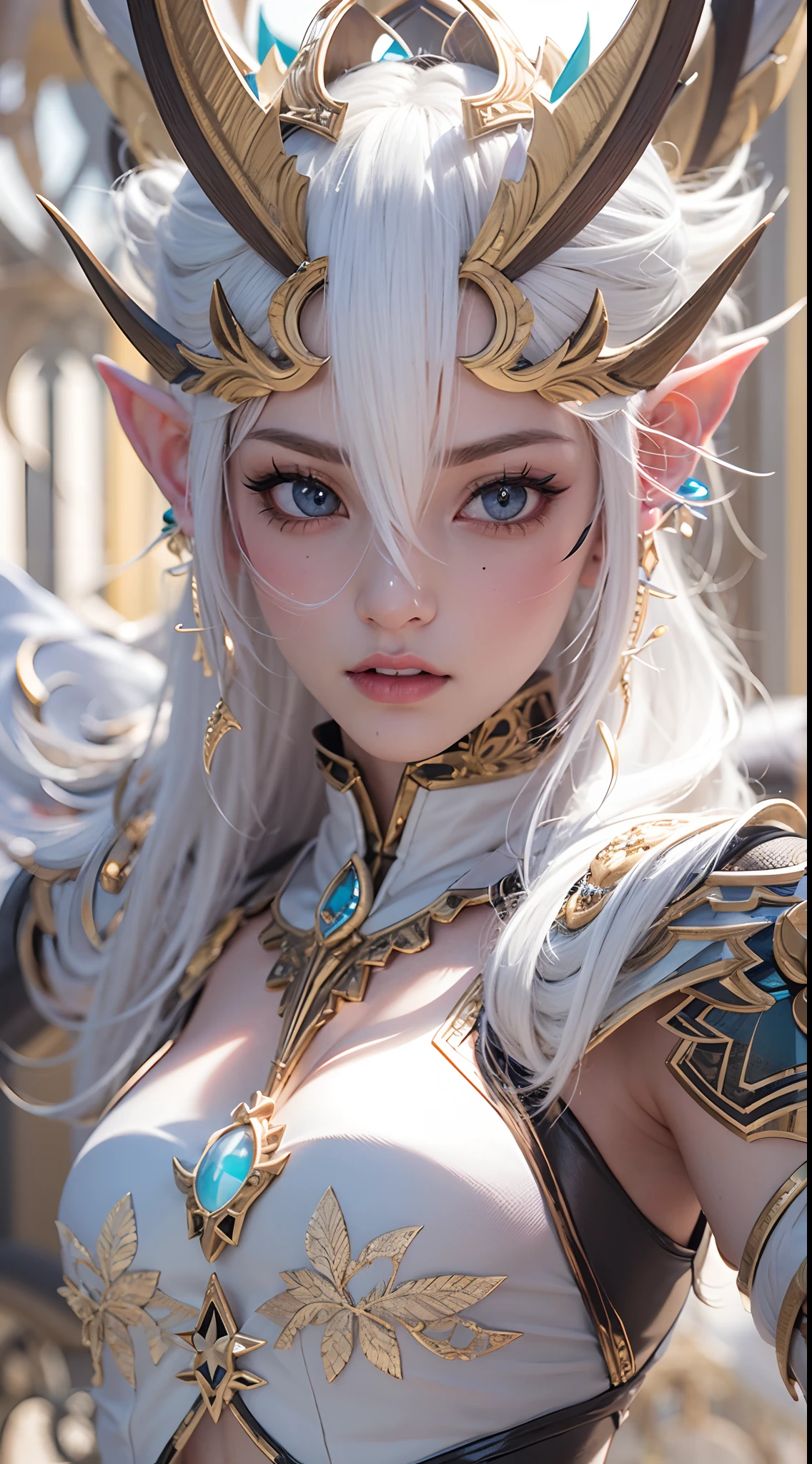 Close-up de uma garota com uma espada,corpo completo , personagem de fantasia ultra-detalhado, intrincado lindo estilo CGI anime, female demon suitable for white horns, fantasia de detalhe 4K, Iconic character of high detail, handsome biomechanical elf, personagem de fantasia complexa, High detail and very sharp and intricate art. octan render, 3D rendering 8K character art , deserto , Ruins of a castle