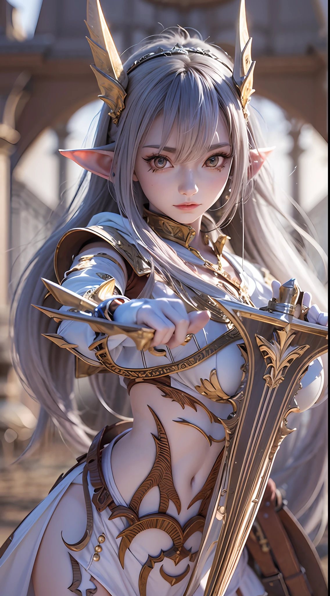 Close-up de uma garota com uma espada,corpo completo , personagem de fantasia ultra-detalhado, intrincado lindo estilo CGI anime, female demon suitable for white horns, fantasia de detalhe 4K, Iconic character of high detail, handsome biomechanical elf, personagem de fantasia complexa, High detail and very sharp and intricate art. octan render, 3D rendering 8K character art , deserto , Ruins of a castle