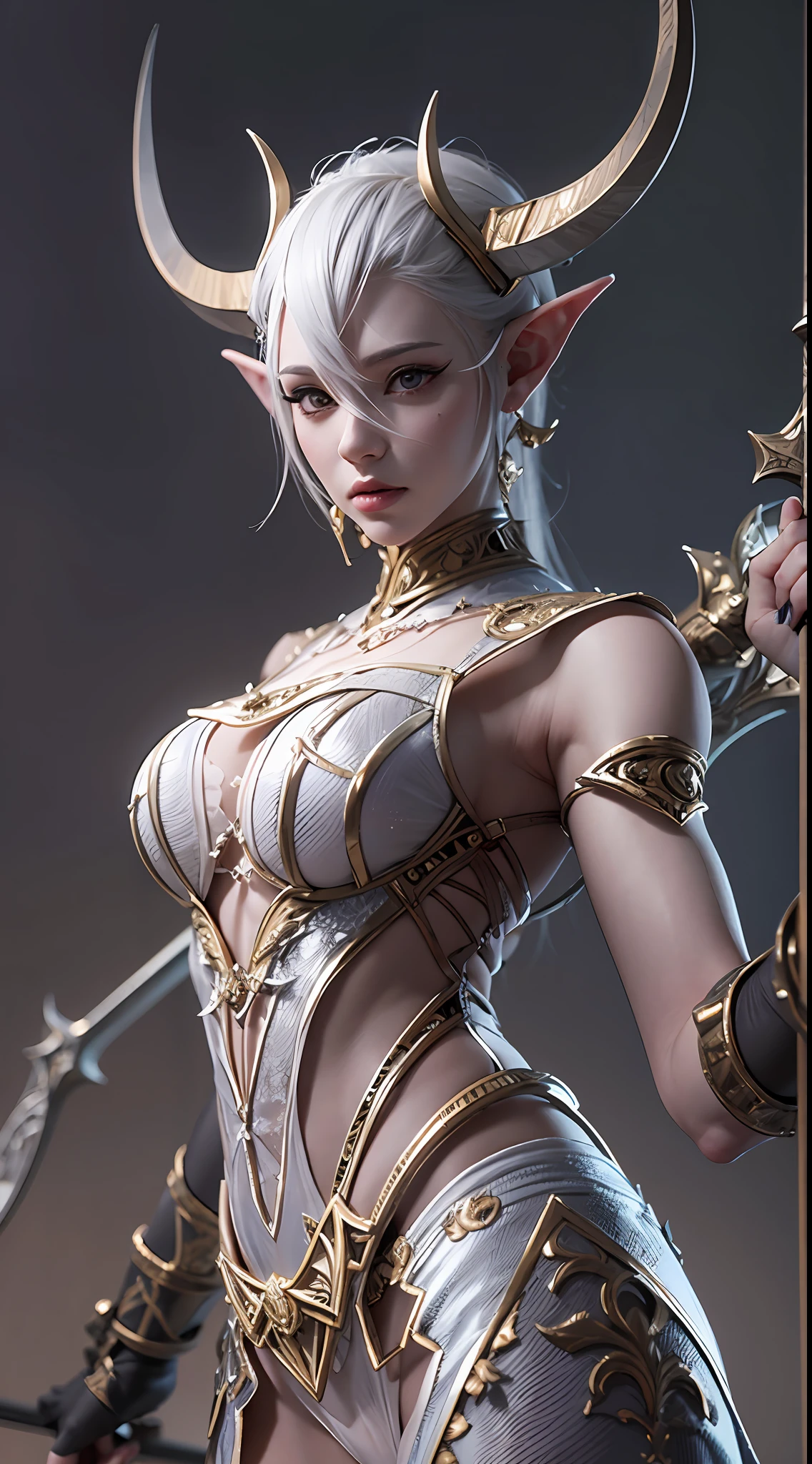 Close-up de uma garota com uma espada,corpo completo , personagem de fantasia ultra-detalhado, intrincado lindo estilo CGI anime, female demon suitable for white horns, fantasia de detalhe 4K, Iconic character of high detail, handsome biomechanical elf, personagem de fantasia complexa, High detail and very sharp and intricate art. octan render, 3D rendering 8K character art , deserto , Ruins of a castle