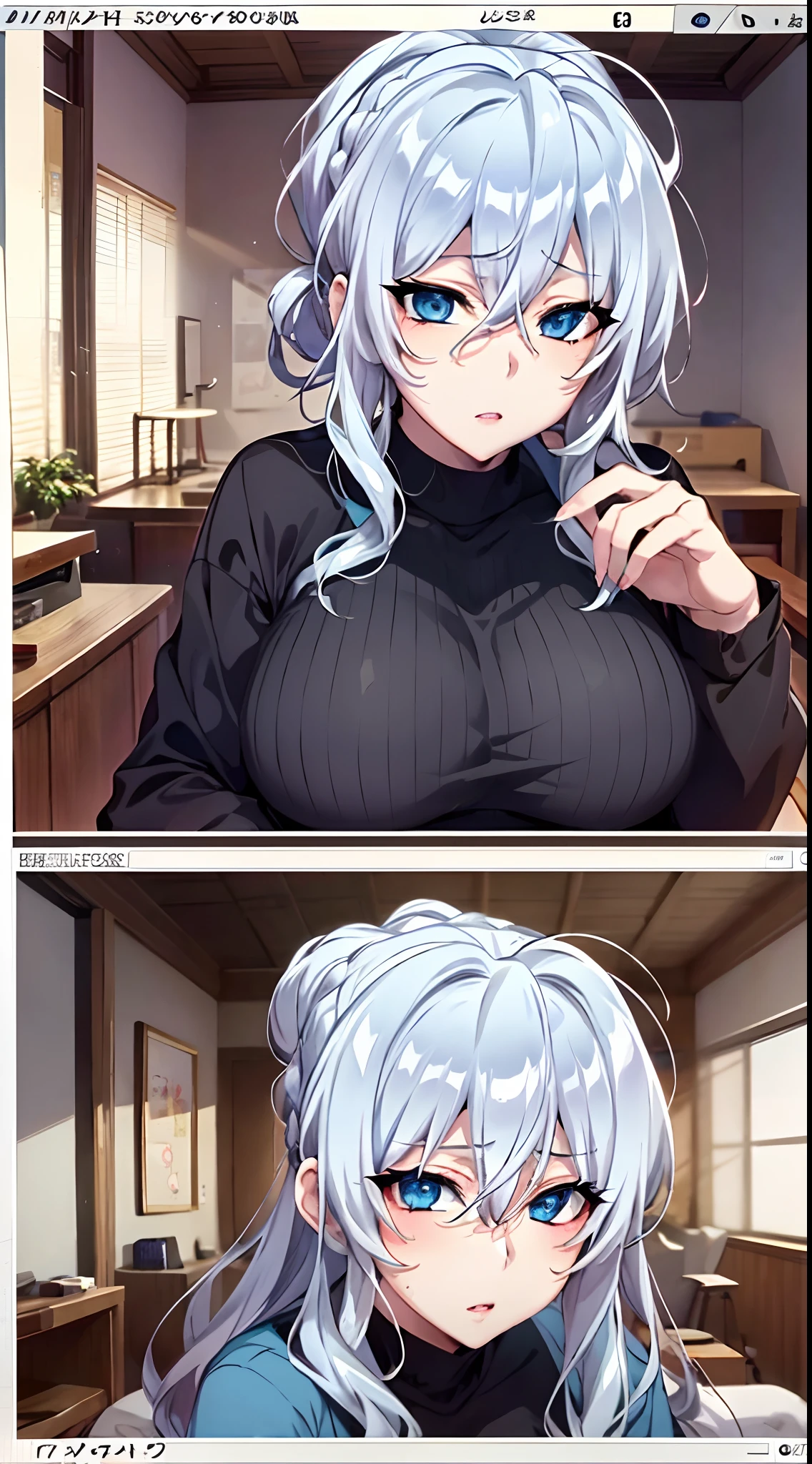 in bed, silver hair and  blue eyes, black shirt and no bra, anime visual of a cute girl, screenshot from the anime film, & her expression is solemn, in the anime film, in an anime, anime visual of a young woman, she has a cute expressive face, still from anime, big breast, red cheek, lustful face, fair skin