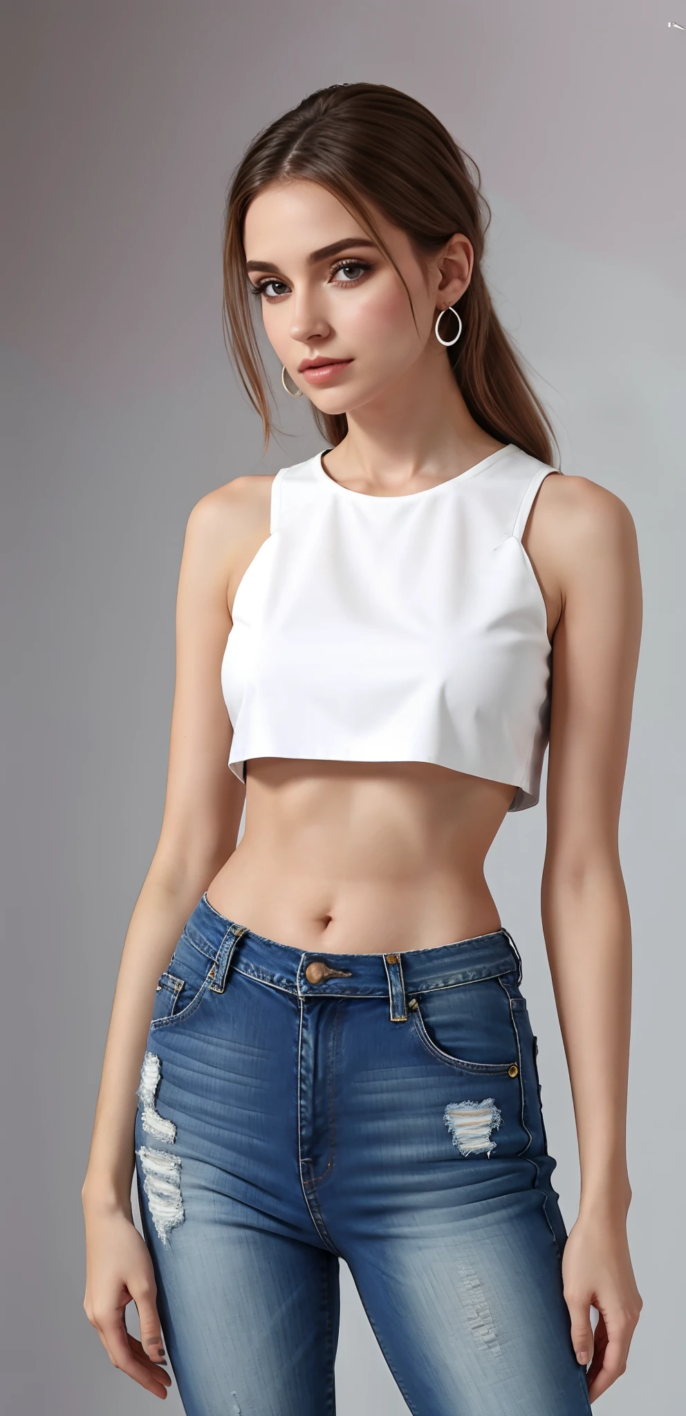 A gorgeous woman with messy hair and a white top and jeans posing for a photo, foto de modelo de menina slim, usando um top cropped sexy, usando um crop top, midriff nu, usando um top cropped, usando crop top, usando um top cropped, midriff exposto, tinyest midriff ever, usando uma regata preta cropped, cintura fina, hair messy!