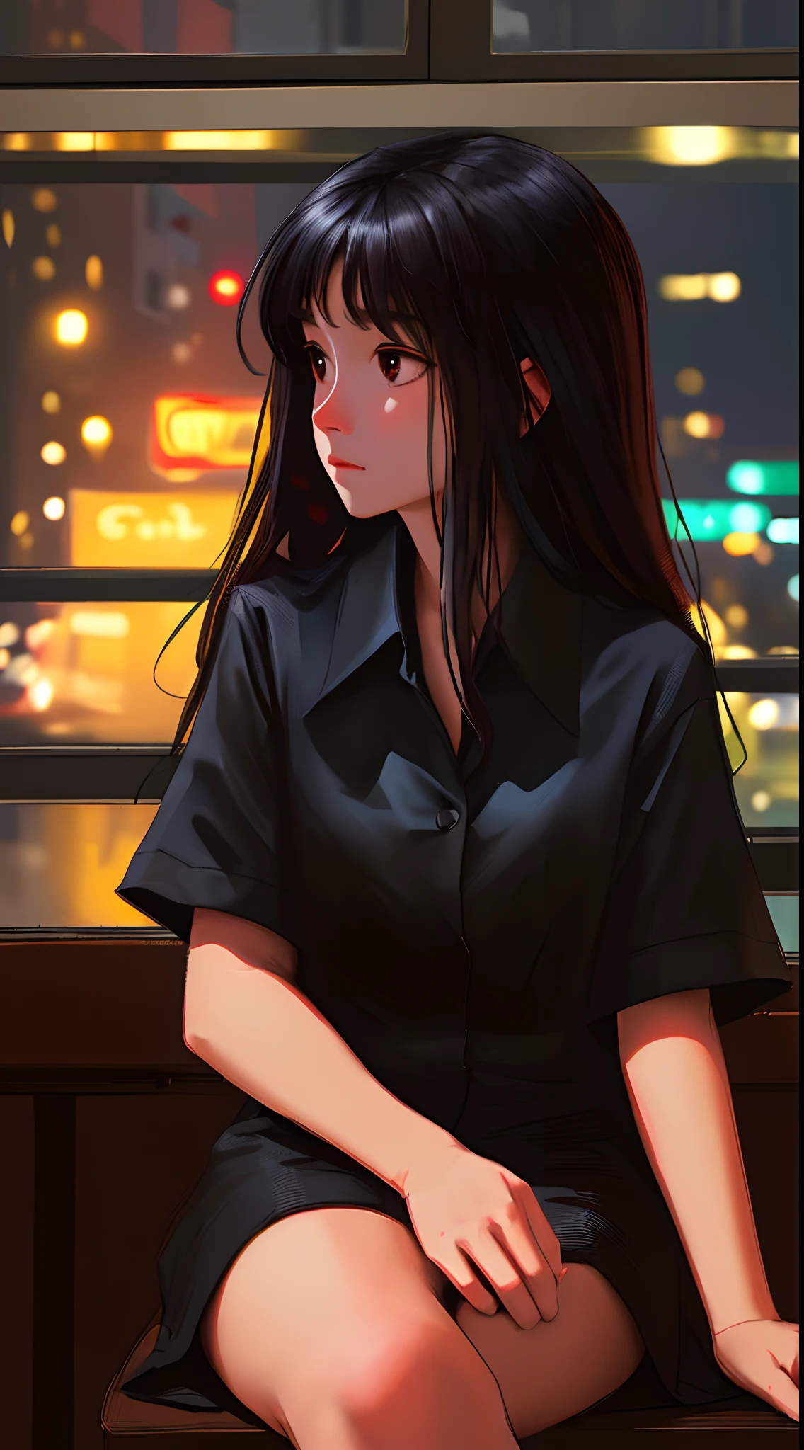 ((masterpiece,best quality,ultra detailed,ultra high res)),((night)),(distant),chiaroscuro,cafe,indoors,solo focus,pov,(by the window),(arm support),1girl,facing away,black hair,long hair,distracted,sitting,black collared shirt,(looking away),streetspace,neon lights,