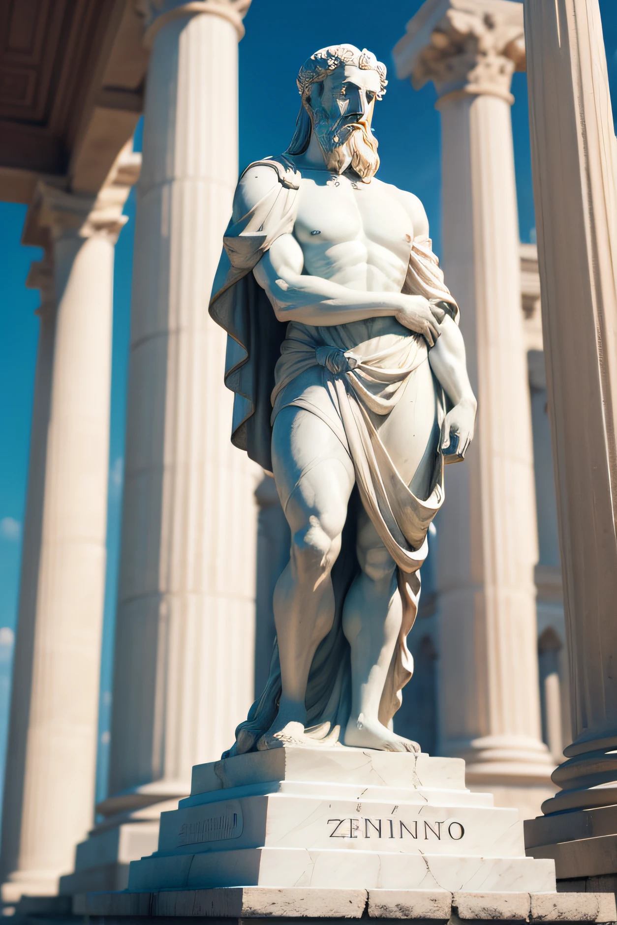 Marble statue of Zeno of Scythius with Greek temple in the background, estoico, homem velho