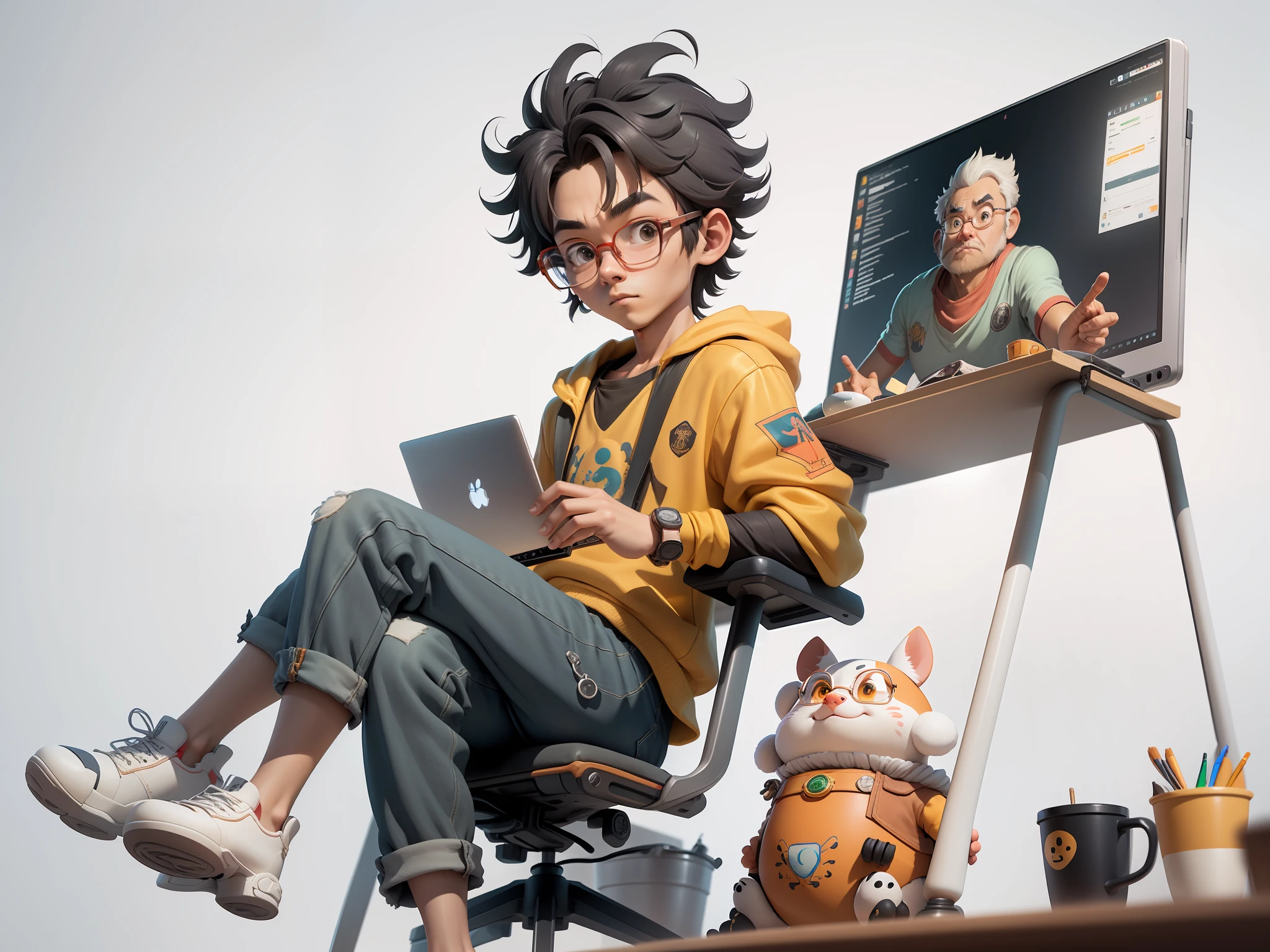 A young man with glasses sits at his desk,holding laptop,digitial painting,3D character design by Mark Clairen and Pixar and Hayao Miyazaki and Akira Toriyama,4K HD illustration,Very detailed facial features and cartoon-style visuals。