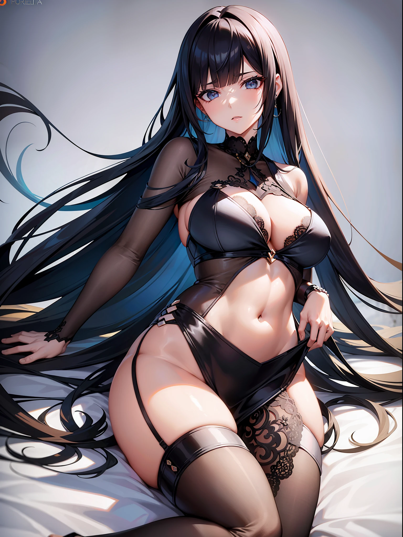 Mulher com cabelo longo com mechas loiraa, Pose sedutora, Sexy clothes with amazing details, olhos extremamente detalhados, seios muito grandes, quadril mega grande, imagem de alta qualidade 4k, apartamento.