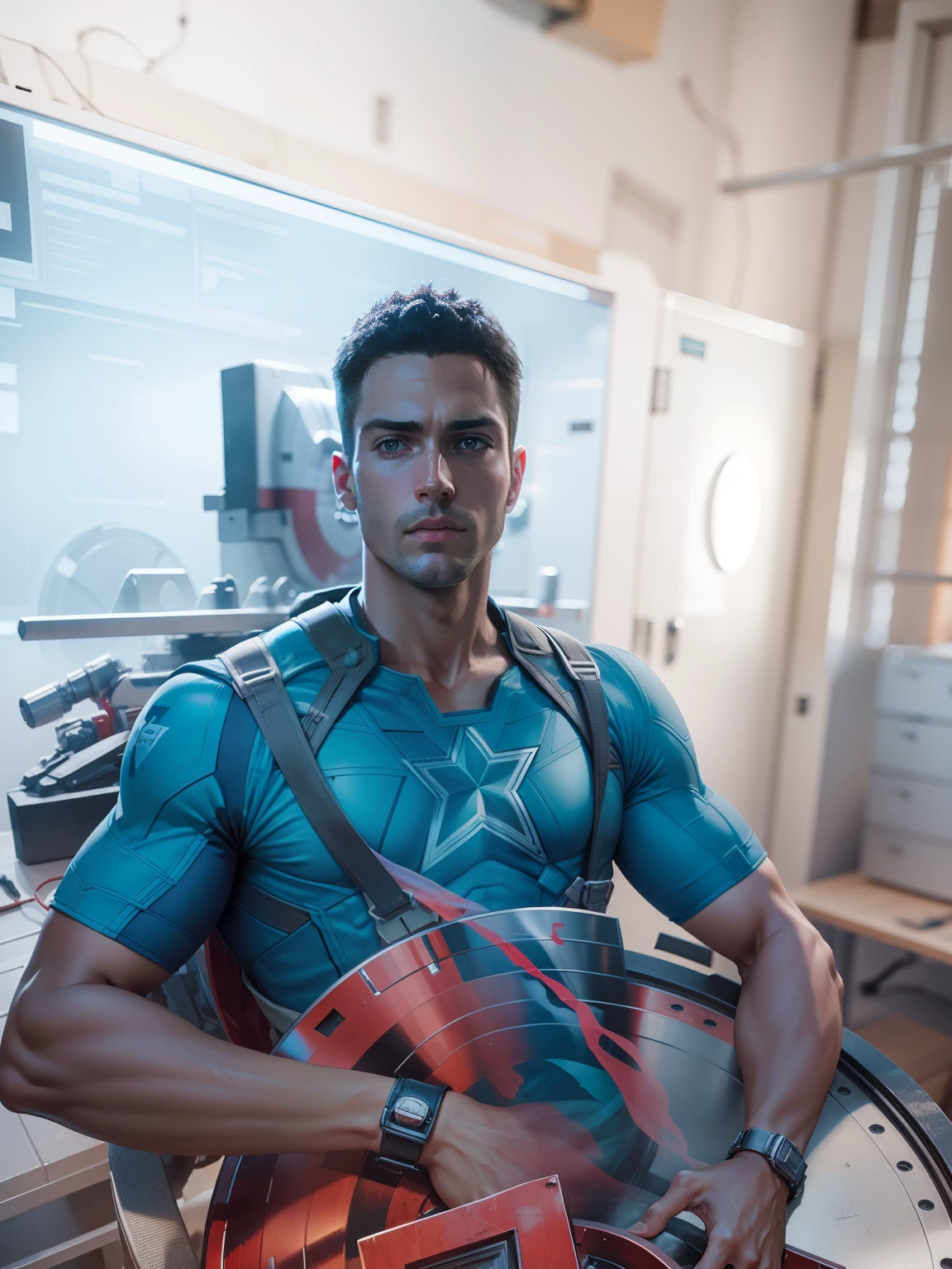 Add captain america suit with a lab background 6k ultra photograph