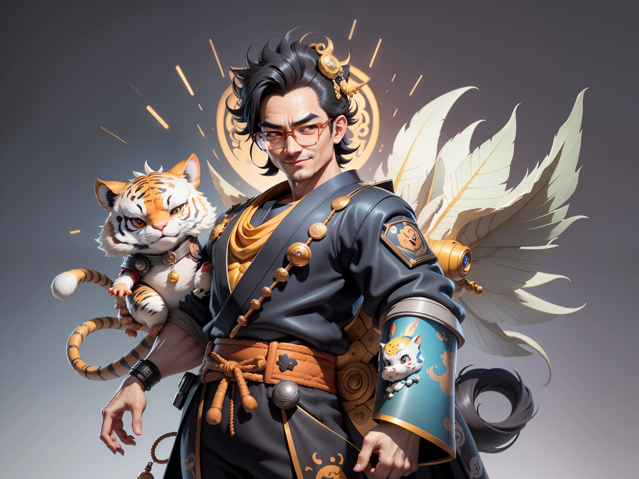(Masterpiece), (Excellent), (Super Meticulous), (Full Body: 1.2), Super Young Man with Japanese Female Geisha, Pretty, Beautiful, Chinese Dragon, Tiger, Wind God Thor, Sexy, Bursting, Oriental Face, TV Anchor, Bust Portrait Illustration, Black Suit, Blue Tie, Slightly Chubby Face, Silver Glasses, Very Clean Face, No Beard on Chin, Black Super Short Hair, Black Eyes, Confident Smile, 3c Computer Sub-Products, iPad, iPhone, Digital Painting, 3D character design by Mark Clairedon and Pixar and Hayao Miyazaki and Akira Toriyama, the illustrations are HD illustrations in 4K resolution with highly detailed facial features and cartoon-style visuals.