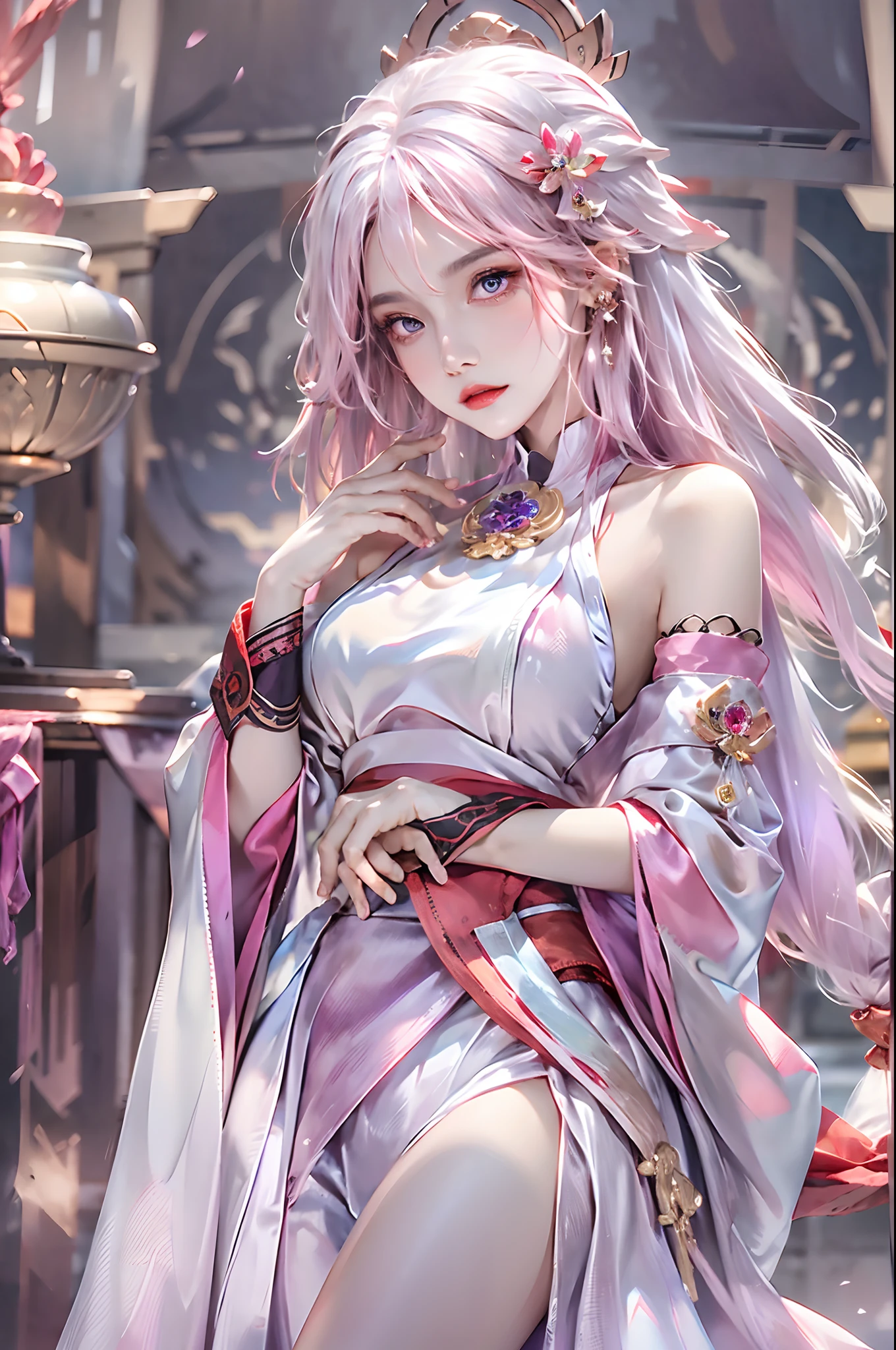 photorealistic, high resolution, 1 woman, white hair, hips up, yae miko, detached sleeves, bare shoulders, pink hair, long hair, best quality, (hair ornament:1.35), jewelry, purple eyes, earrings,