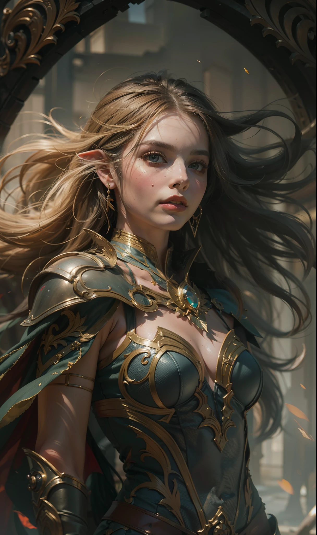 Beautiful painting of Margot Robbie as perfect female elf warrior, shapeless long hair, perfect features, (wearing extremely baroque elven armor), abstract beauty, near perfection, pure form, dynamic pose, ethereal background, (deep dark shadows), (strong cinematic lighting), (back lighting), concept art by Greg Rutkowski and John William Waterhouse and Alphonse Mucha, stunning details, intricate details, 8k post-production, High resolution, super details, trending on ArtStation, sharp focus, depth of field f/1.8, studio photos, (((looking at camera))).