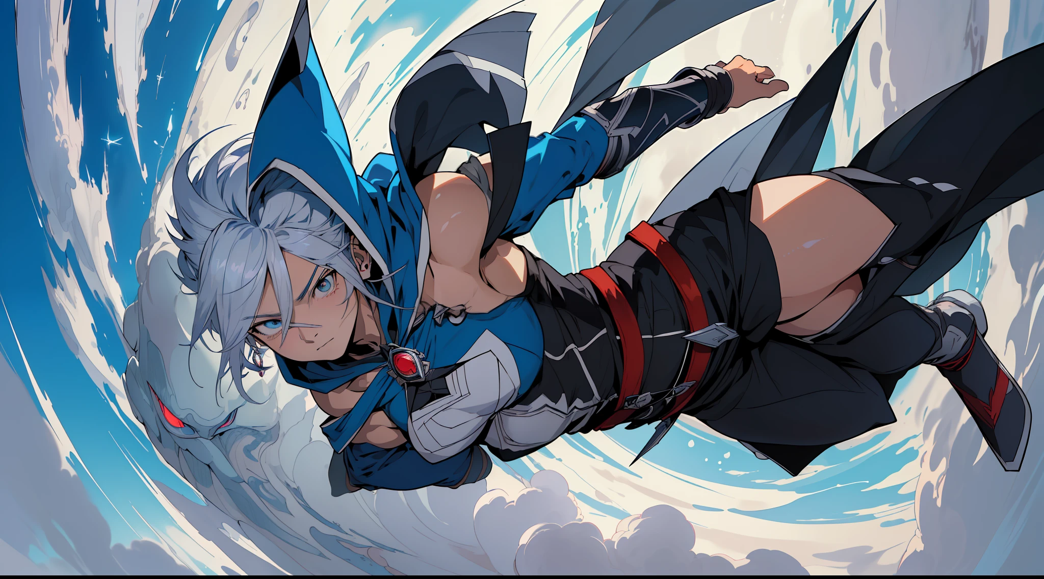 (anime) . ((Woman (Sakuya Izayoi), (she flies in the air + she flies in the clouds + she flies in the air lying in the clouds like a superman + dressed in blue + short spiky hair + silver hair + deep blue eyes + short hair + serious, cape + assassin hood + master of time + is a 1900s assassin's creed + use time magic))) . (Masterpiece: 1.8), (64k quality), (final fantasy artwork concept), detailed (manga eyes + hair + clothes + body + face + colors + shoulders + eyes (globular + transparent + liquid) + (sharper drawings) + (shiny jewelry) + (clothes folds) + (rounded eyes) + (consistent clothes) + (clothing features) + (eyes line), better (colorful + (coarser line) + (black line) + finishing . [Drawing] (Anime (Manga (Comics))) + (Coarse Line: 1.8) + (Black Line: 1.8) + (Color: 1.8) + (Clean: 1.8) + (Contrast: 1.8) + (Black Outline: 1.8) + (adjusted colors: 1.8) + (shadow set: 1.8) + (manga eyes: 1.8) + ((muscle: 1.8)), ((made homogeneous: 1.3))