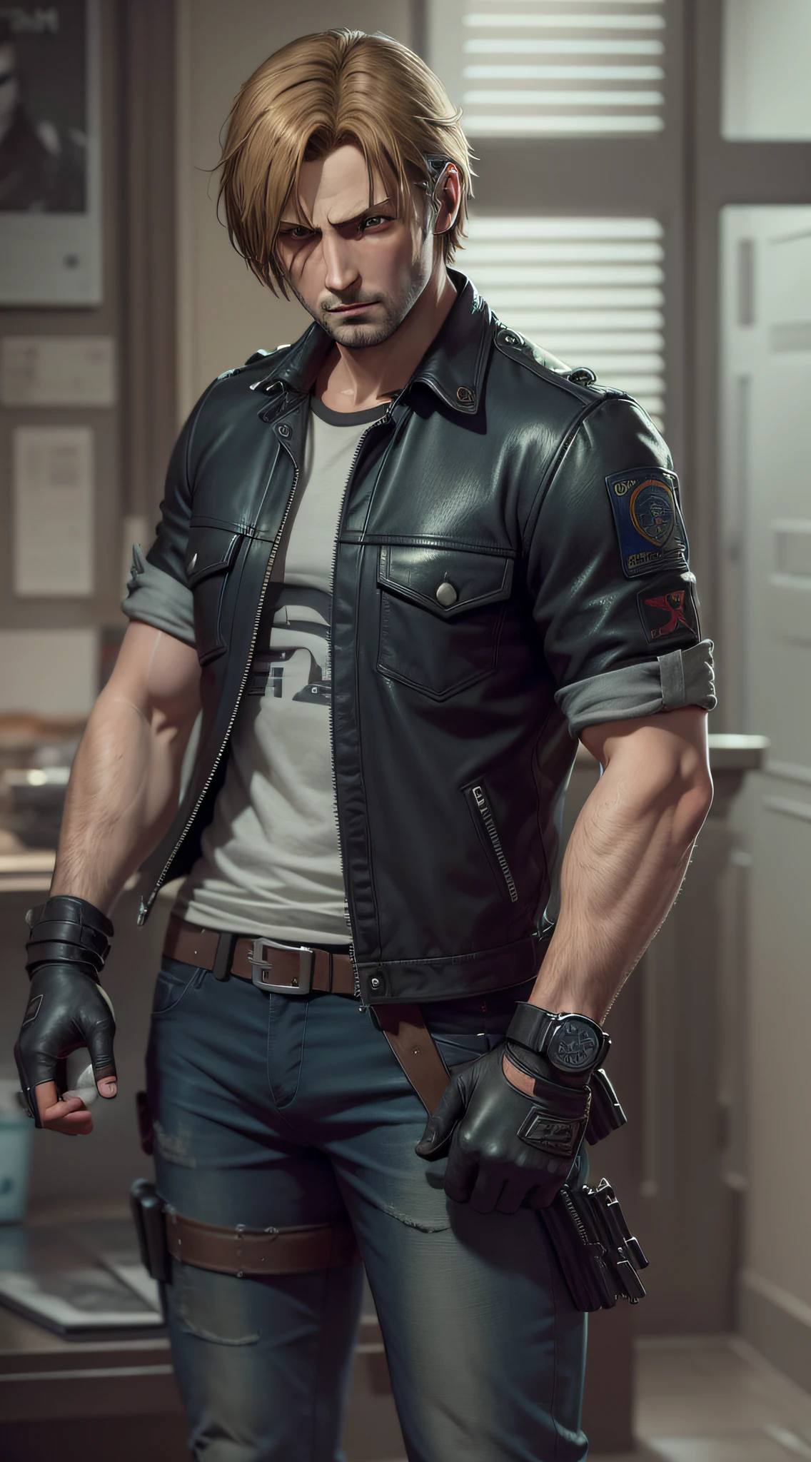[Leon S kENNEDY ] "em Grand Theft Auto-estilo telas de carregamento, Arte estilo GTA, Altamente detalhado e realista, olhos bonitos e azuis, estilo de pintura digital, GTA style digital illustration, studio lighting, Estilo resident evil 6 game