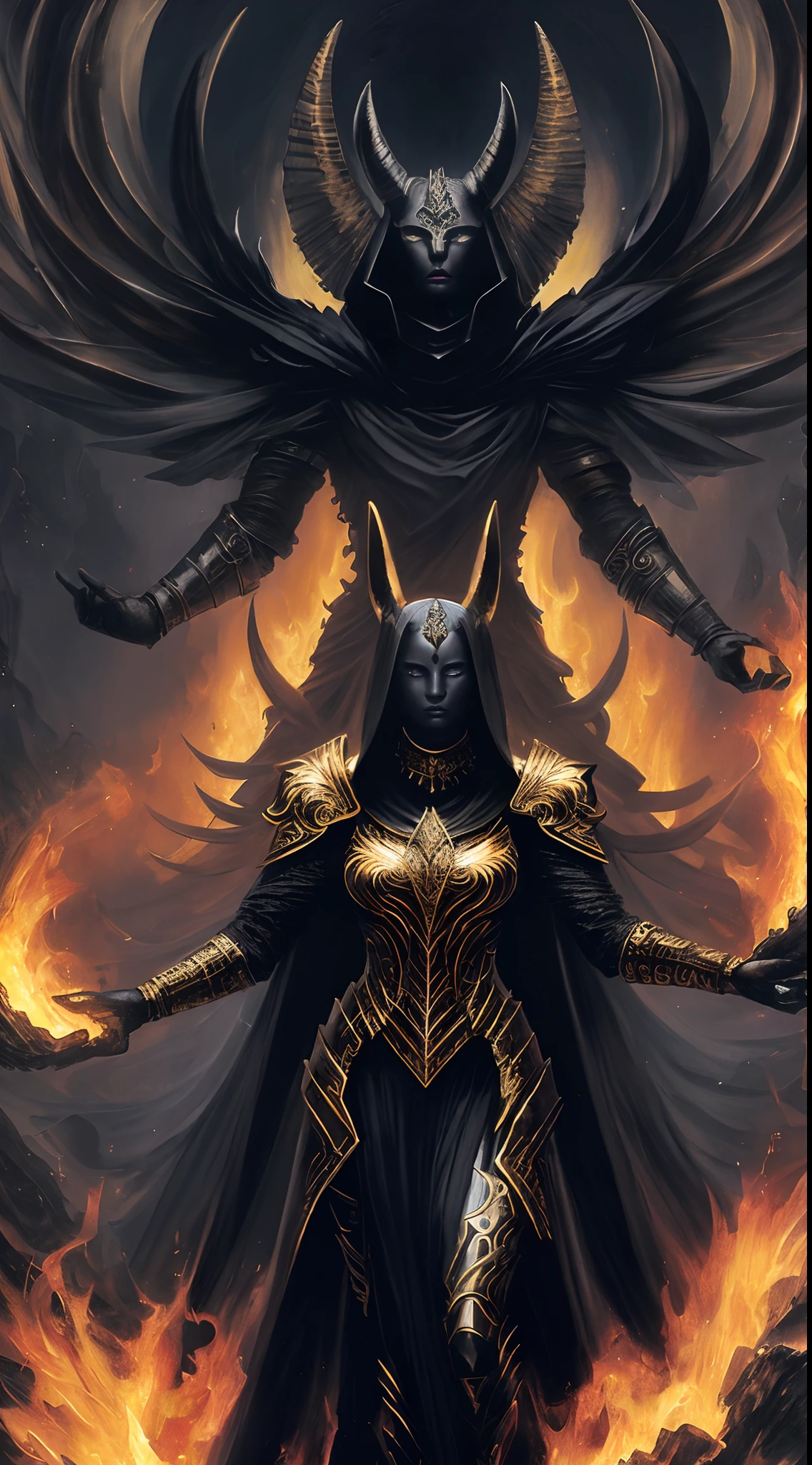 Output: (high quality oil painting), realism, jewelry nobility, dynamic right-hand dynamic pose, mysterious gates of hell, burning like flames, dark yet beautiful underworld graphics, mythical character Anubis, the entire body covered with golden scales highlighting the lines and forms of strong muscles, cinematic dynamic poses and dramatic camera angles, fine textures of black gold armor and calm effect of black gold cloak, accurate proportions and human anatomy are presented in the picture, and the award-winning masterpiece of centered composition is yearning.